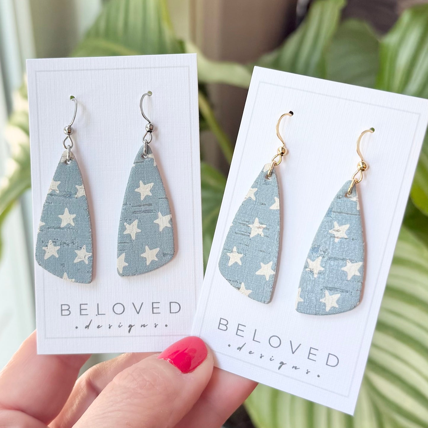 Cork Leather Drop Leaf Earrings | Pale Blue Stars