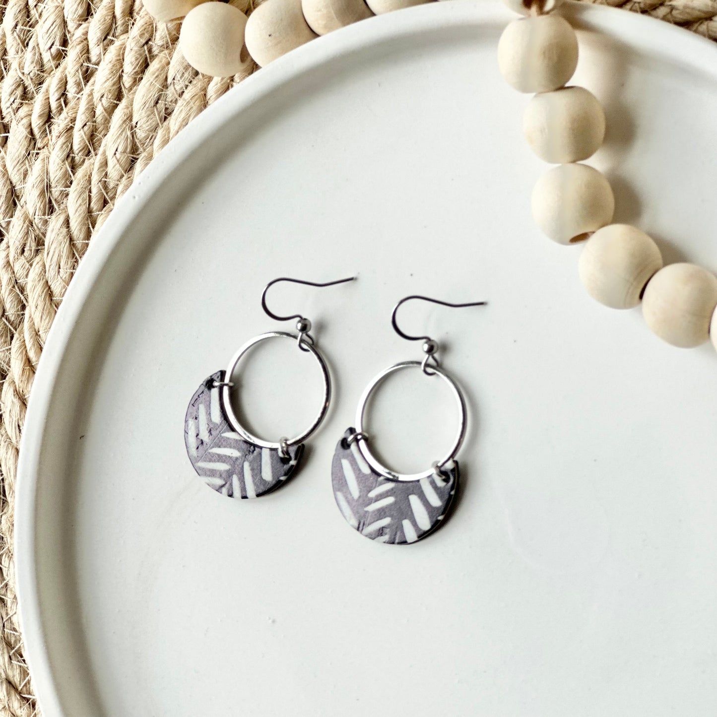 Black + White Chevron Cork Leather Crescent + Hoop Earrings