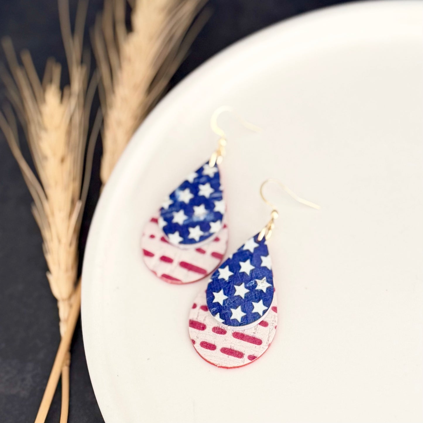 Cork Leather Double Teardrop Earrings | Stars + Dotted Stripes