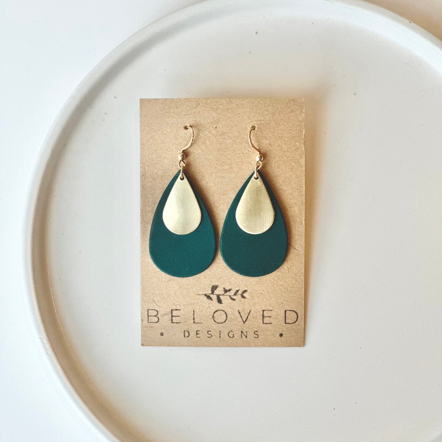 Leather Teardrop + Brass Earrings | Teal