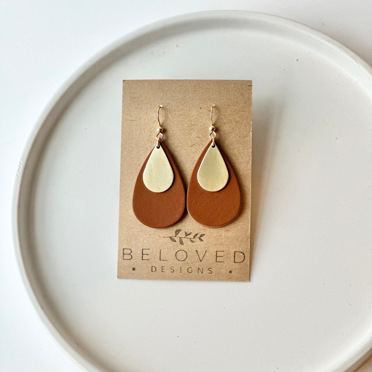 Leather Teardrop + Brass Earrings | Cognac