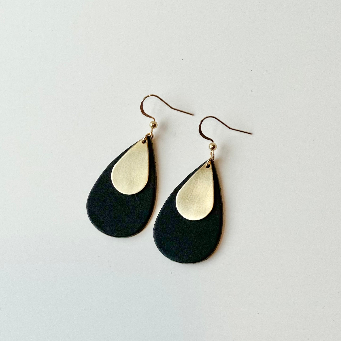 Leather Teardrop + Brass Earrings | Black