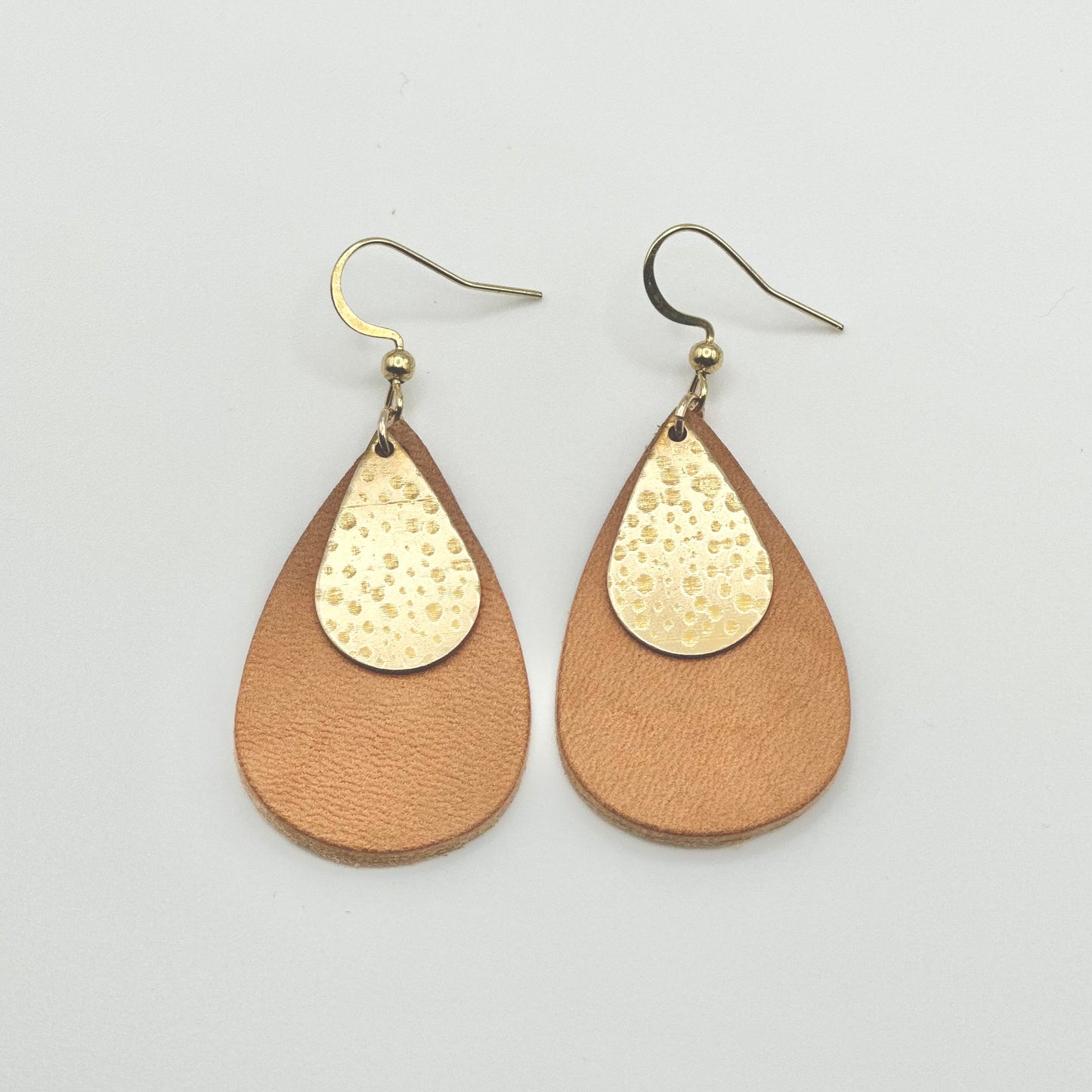 Leather Teardrop + Hammered Brass Earrings | Natural