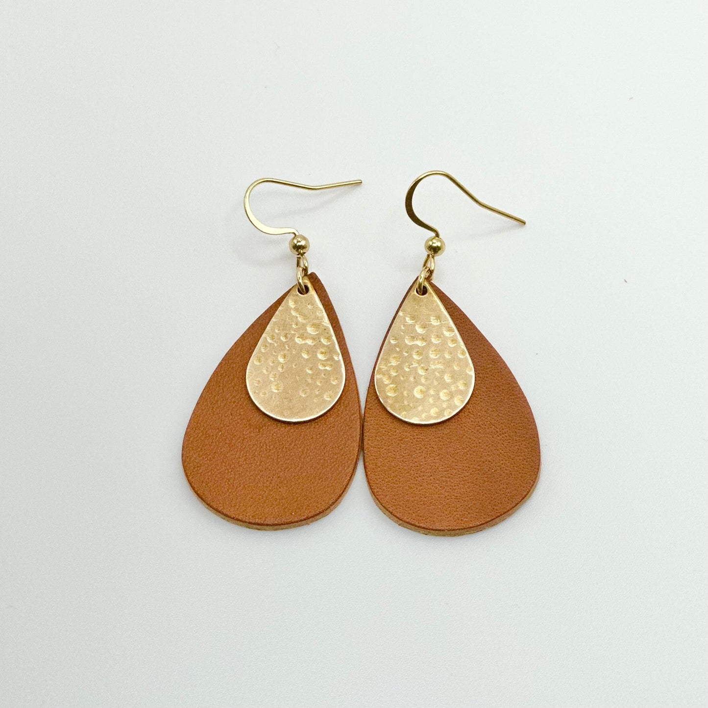 Leather Teardrop + Hammered Brass Earrings | Cognac