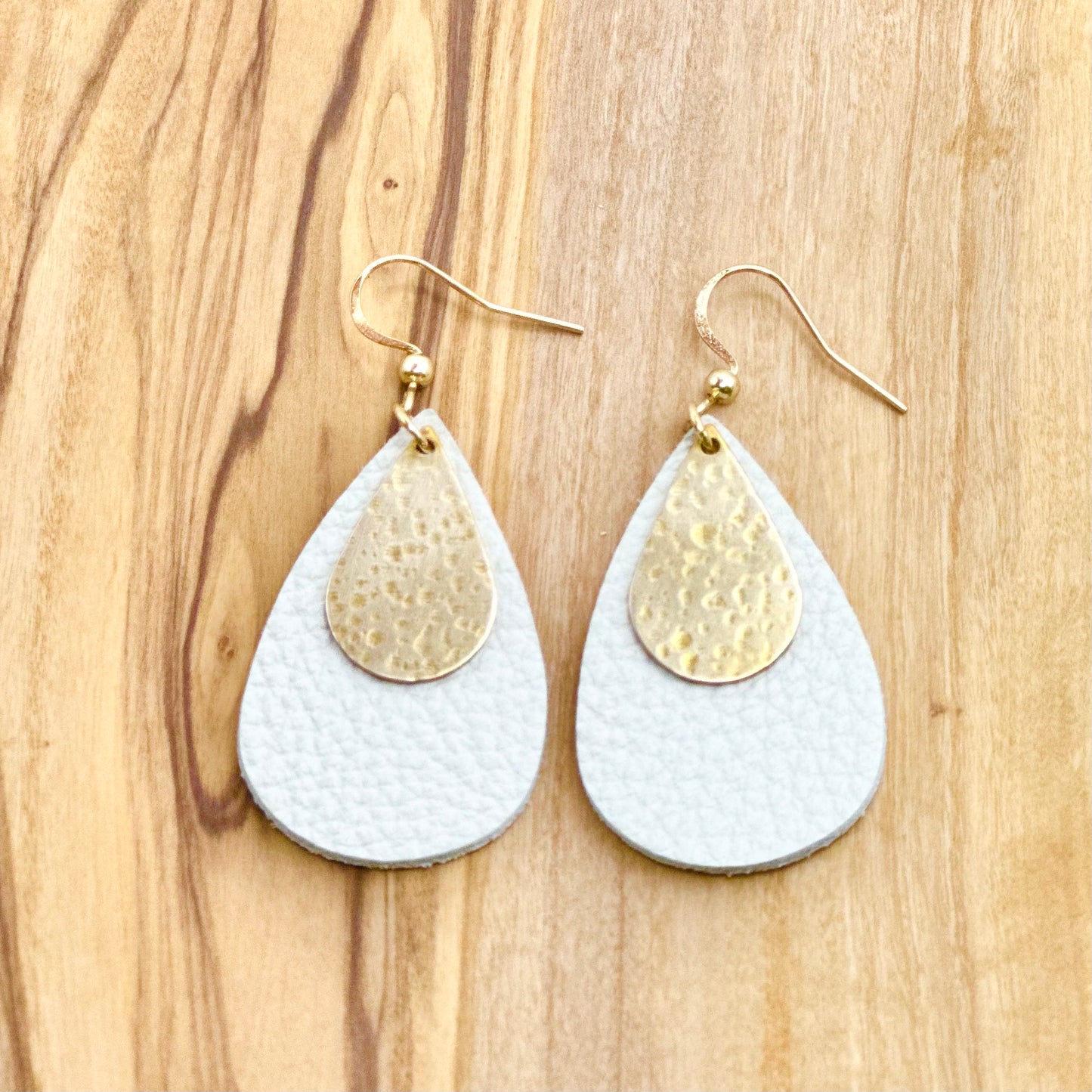 Leather Teardrop + Hammered Brass Earrings | Cream