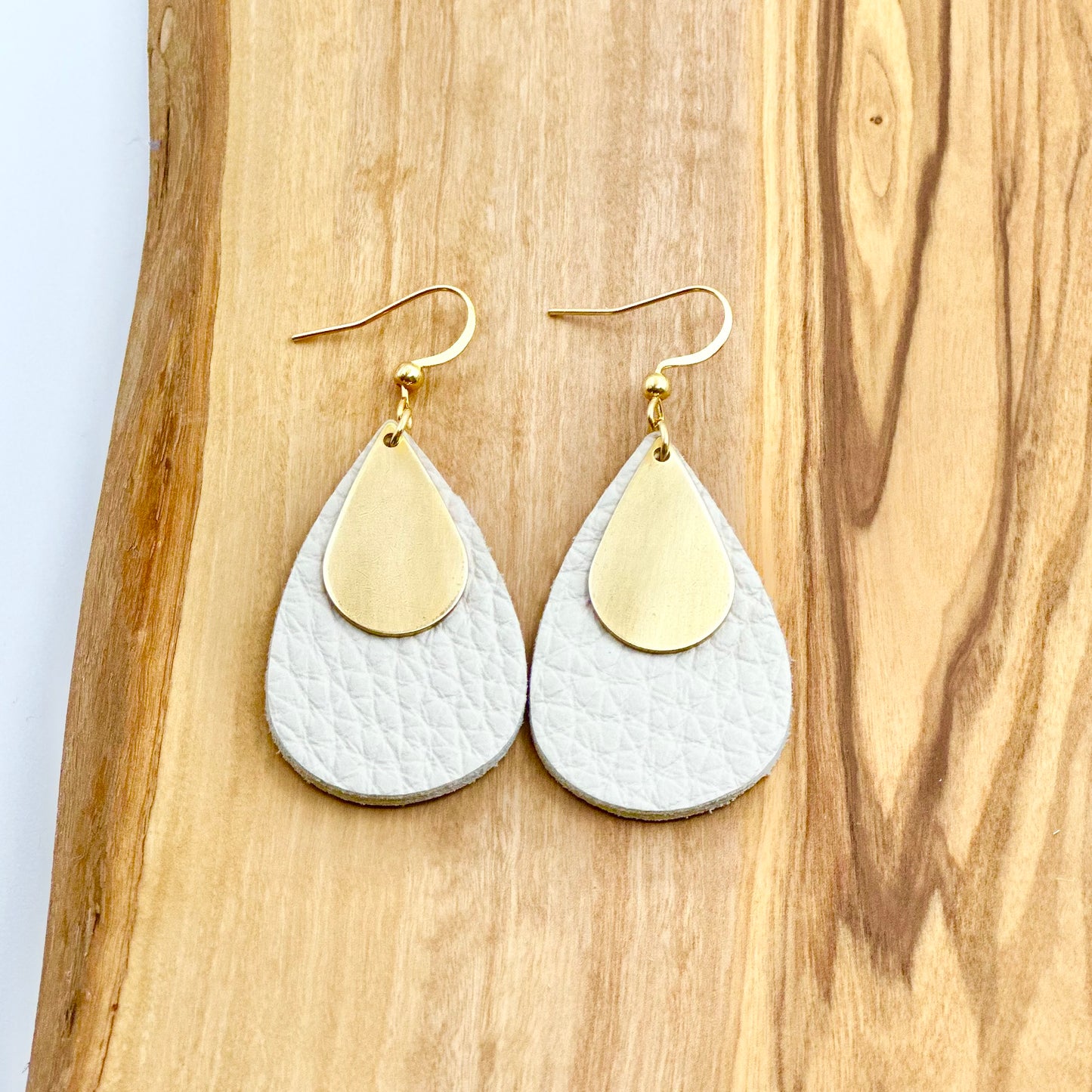 Leather Teardrop + Brass Earrings | Cream