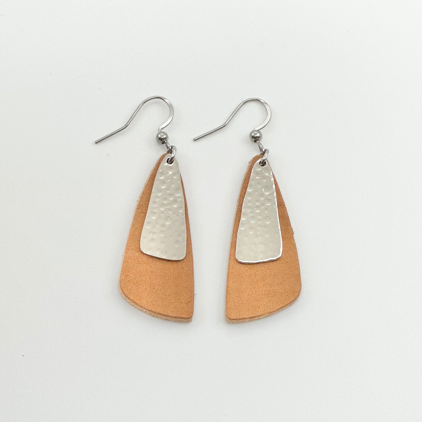 Leather Drop Leaf + Hammered Rhodium Earrings | Natural