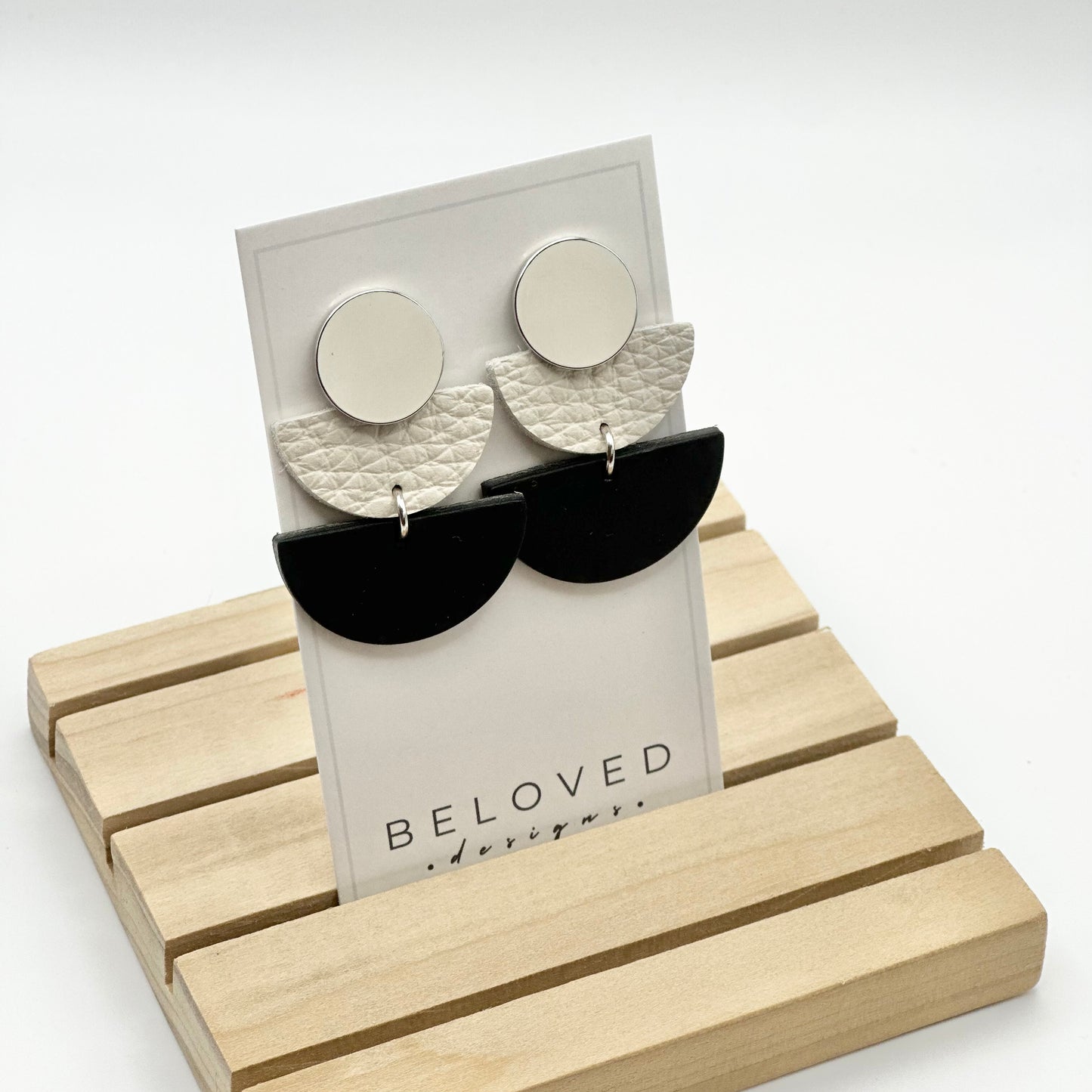 Leather Half Circle + Rhodium Stud Earrings | Black + Cream