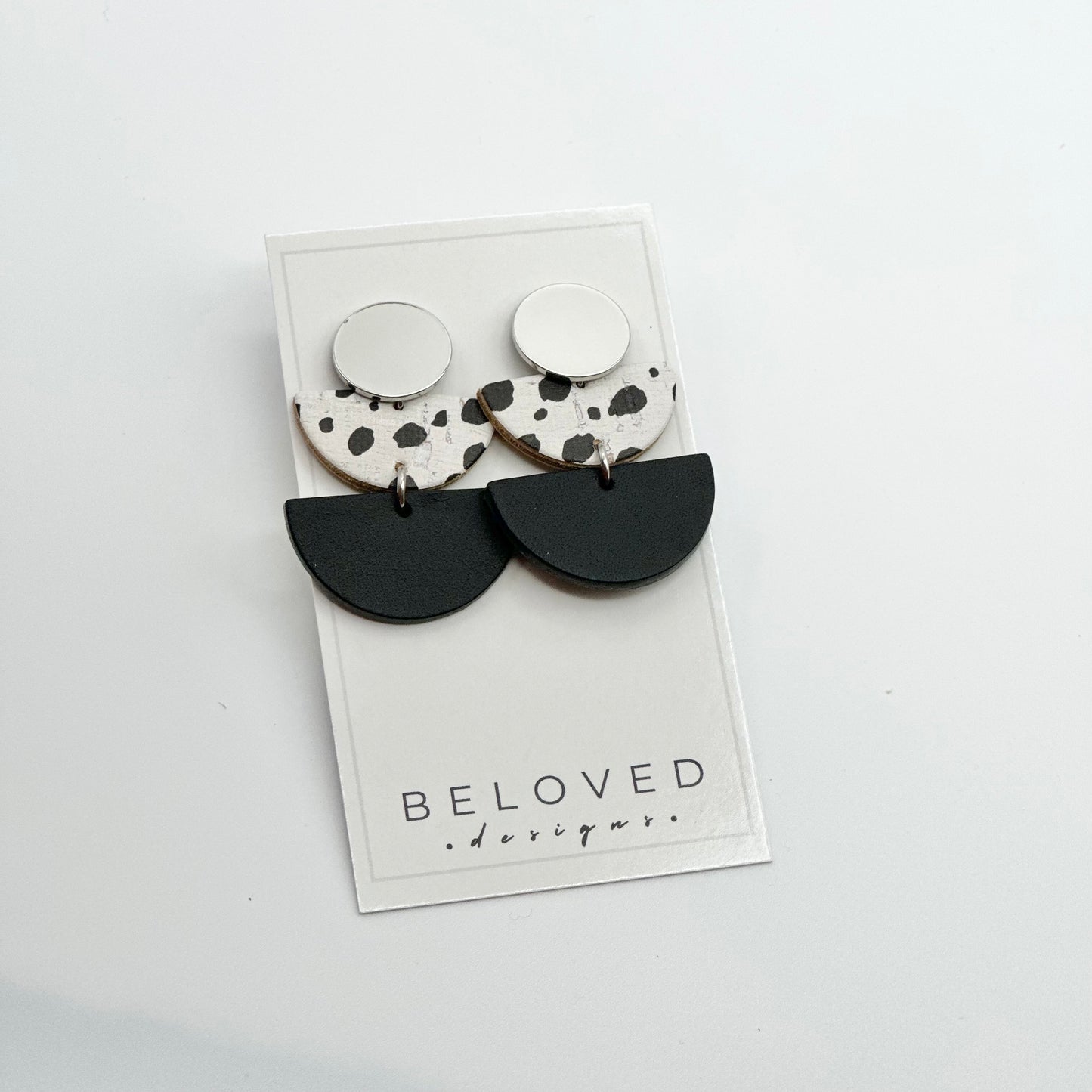 Leather Double Half Circle + Rhodium Stud | Dalmatian + Black