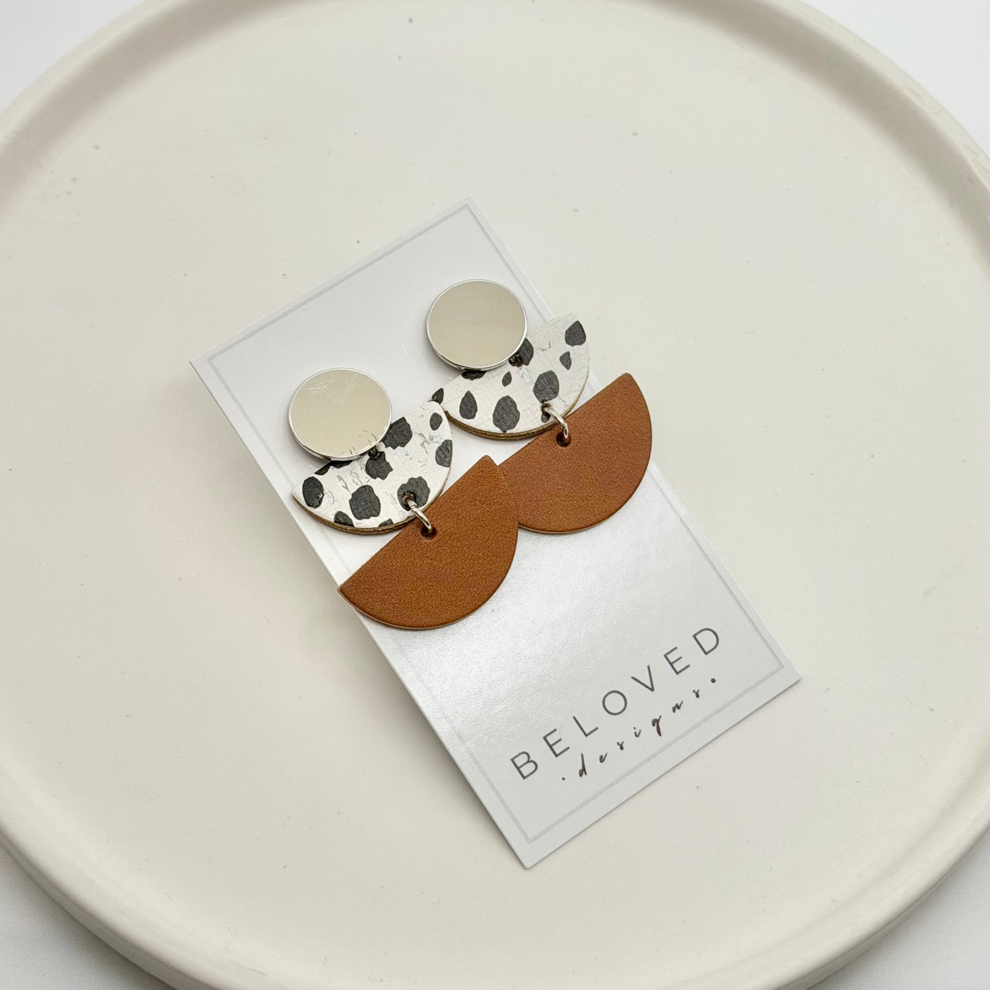 Leather Double Half Circle + Rhodium Stud | Dalmatian + Cognac