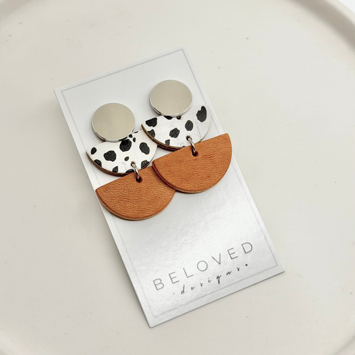 Leather Double Half Circle + Rhodium Stud | Dalmatian + Natural