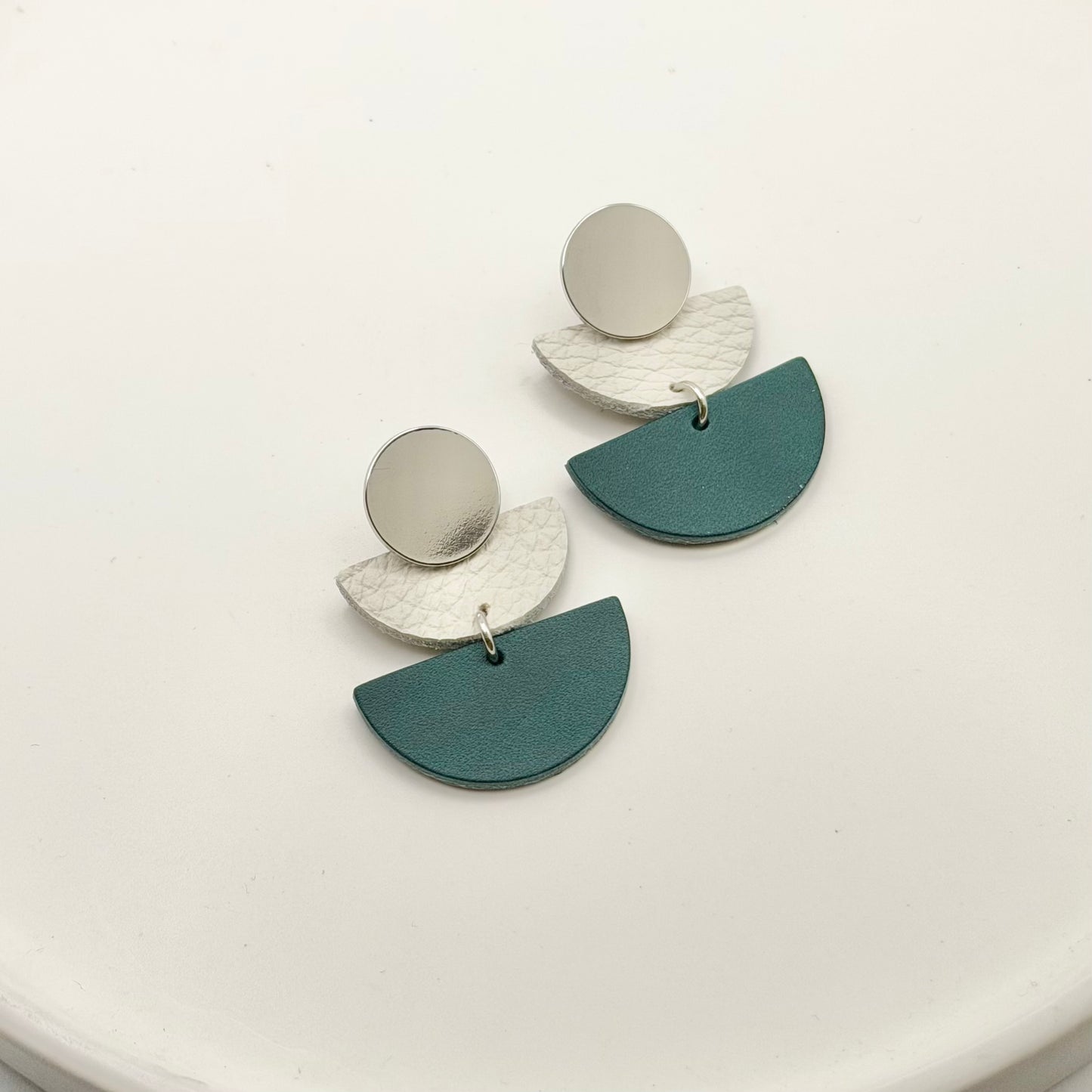 Leather Half Circle + Rhodium Stud Earrings | Teal + Cream
