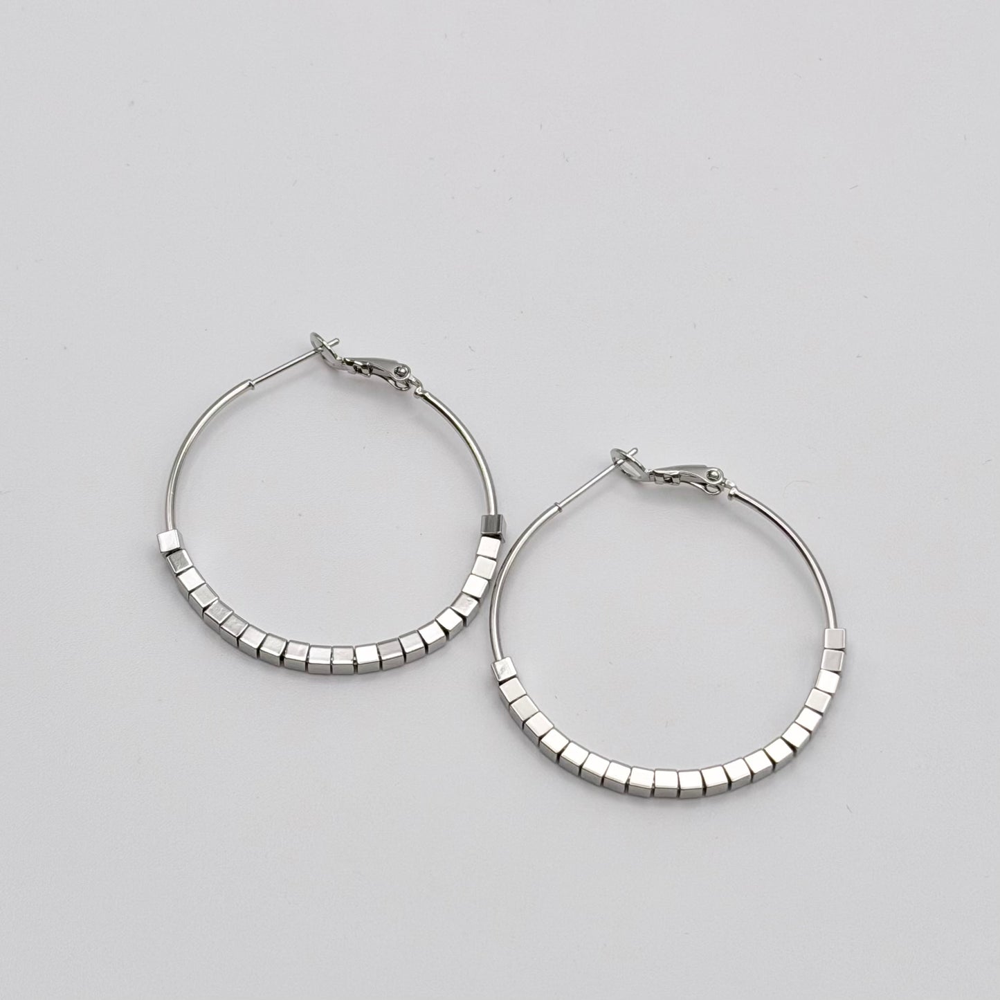 Square Bead Statement Hoop Earrings | Rhodium