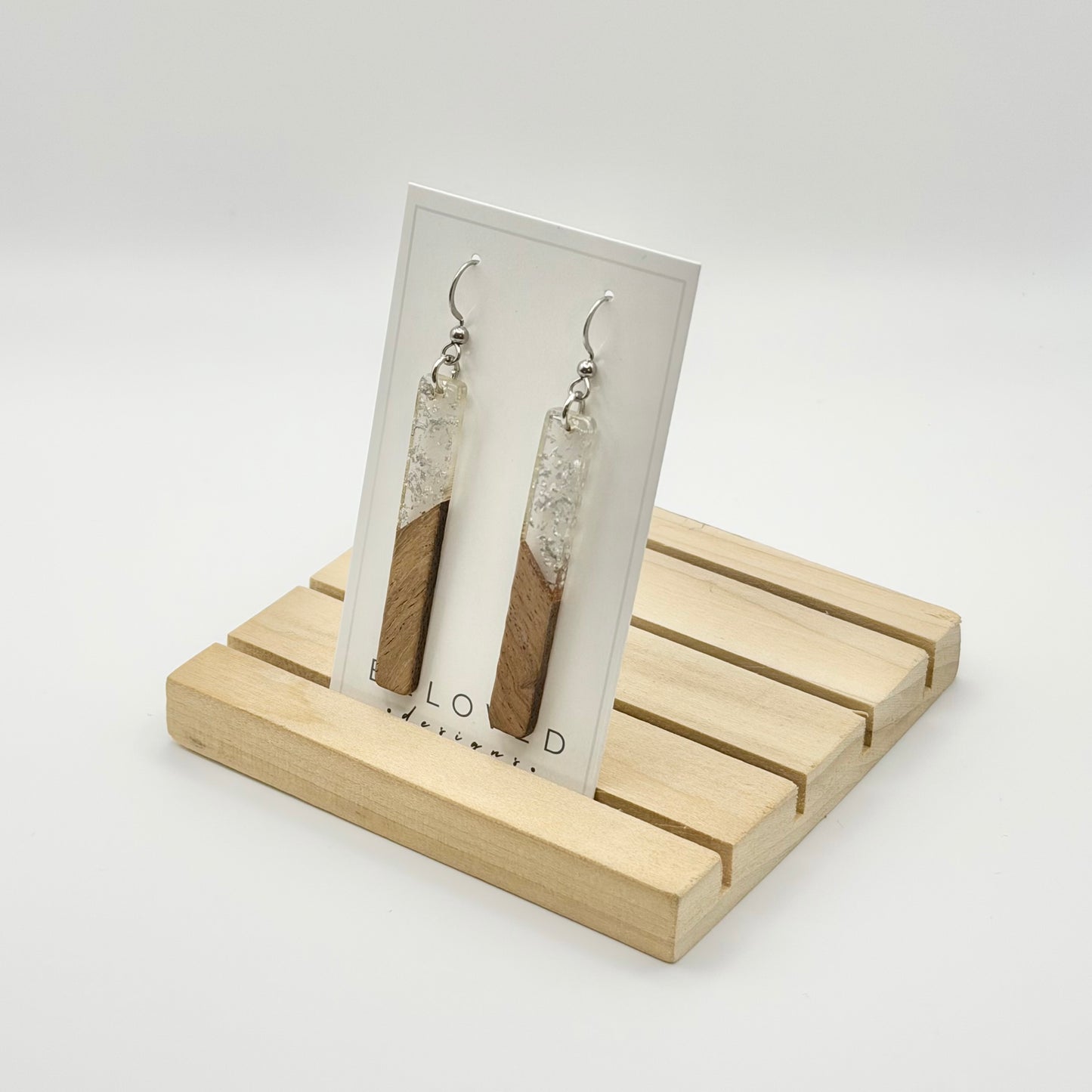 Silver Fleck Resin + Wood Bar Earrings