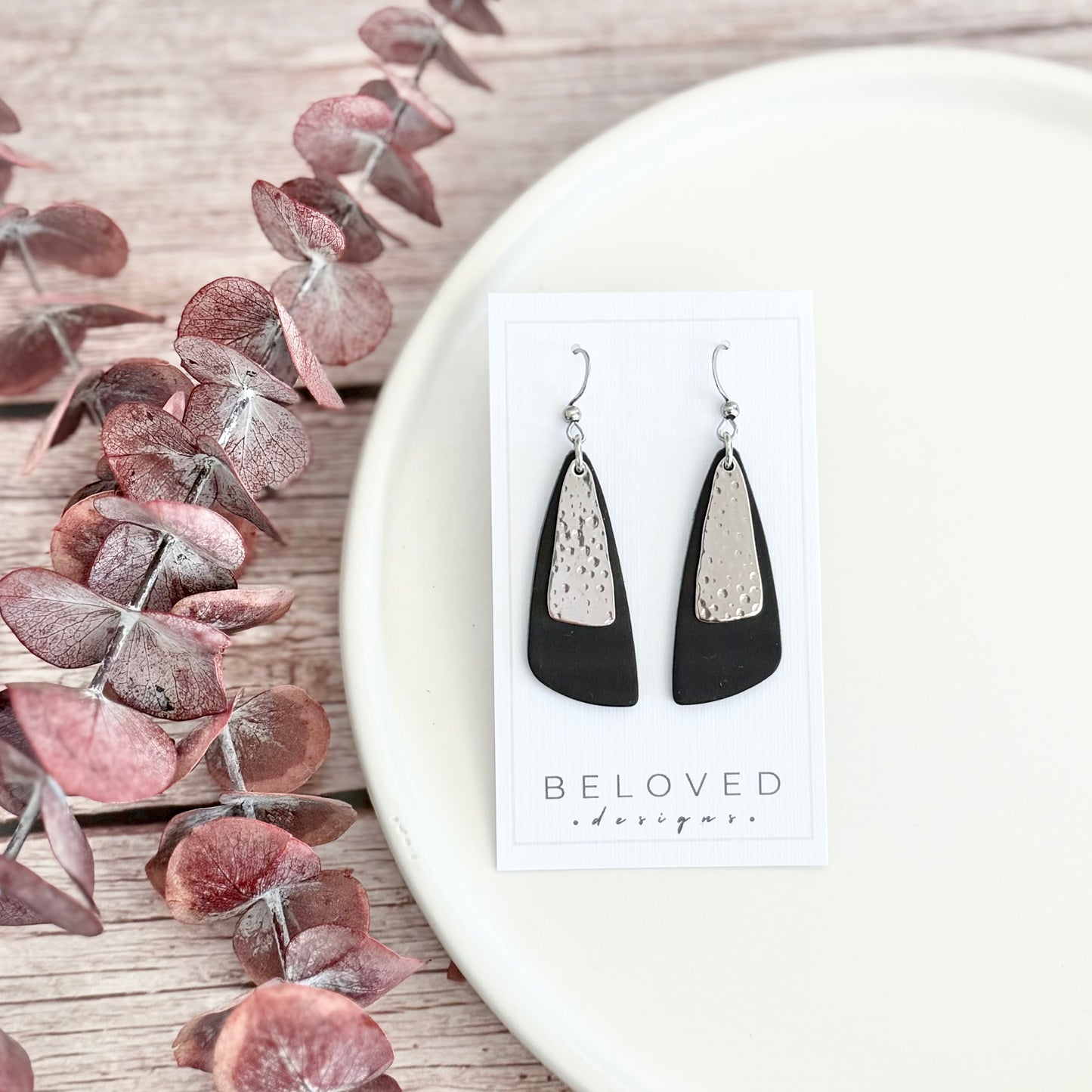 Leather Drop Leaf + Hammered Rhodium Earrings | Black
