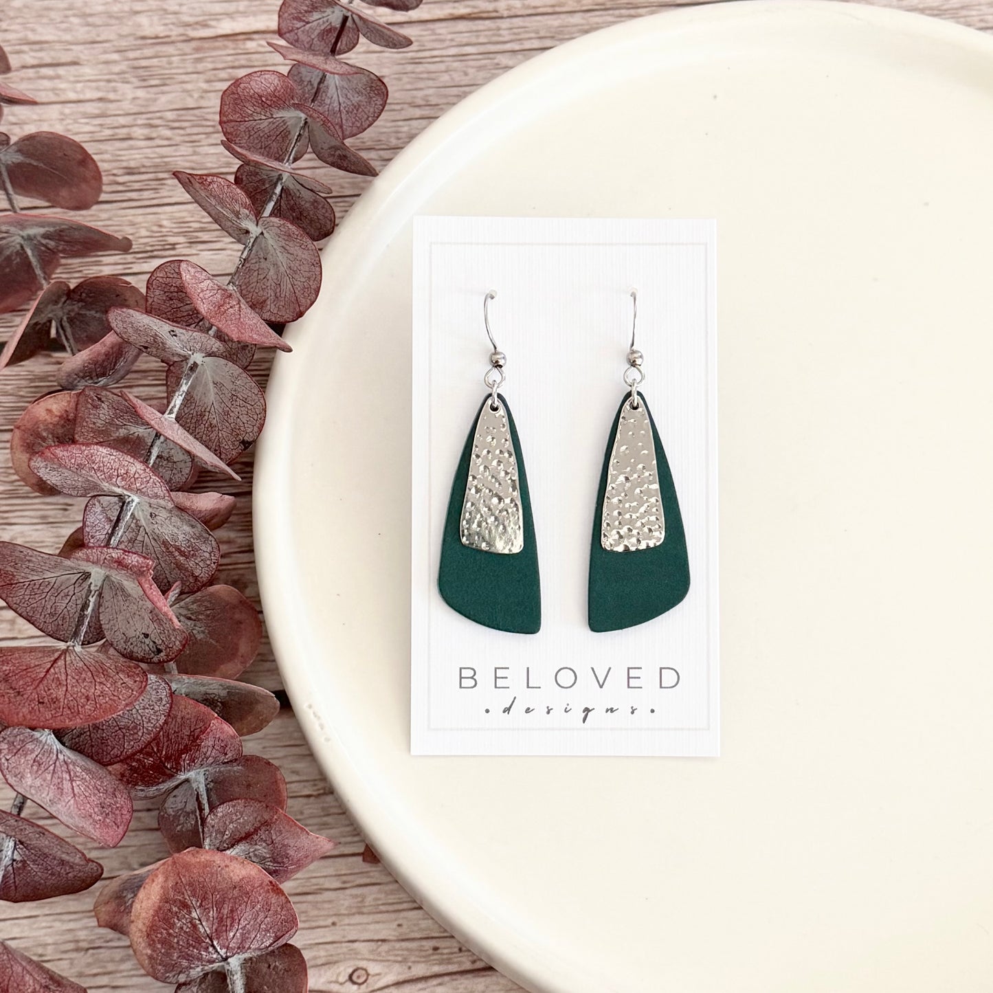 Leather Drop Leaf + Hammered Rhodium Earrings | Teal