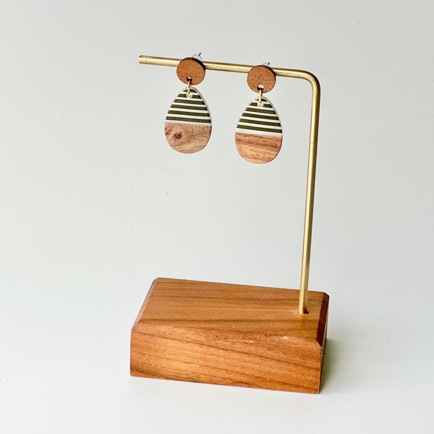 B + W Resin + Wood Teardrop + Wood Stud Earrings