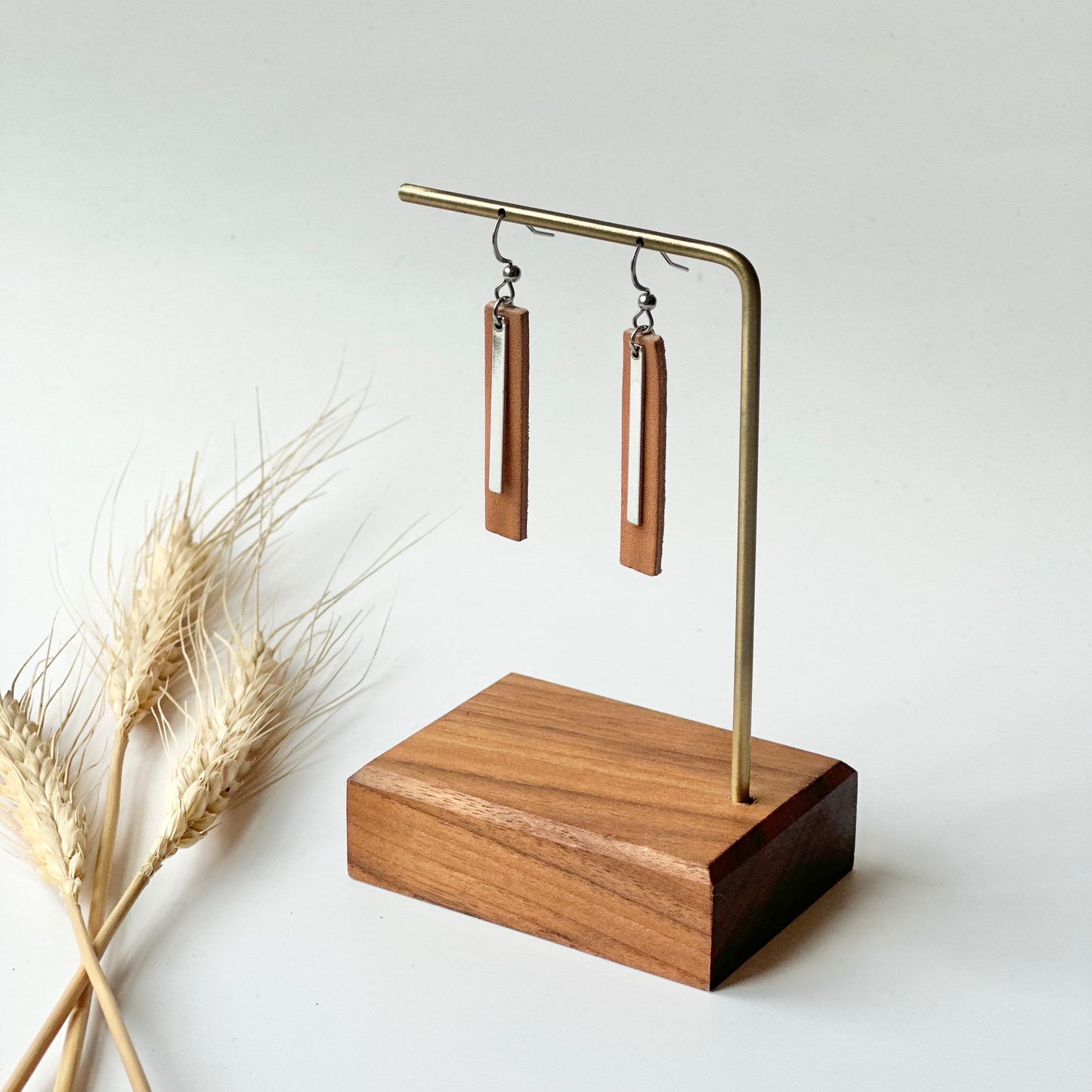 Natural Leather Bar + Rhodium Bar Earrings