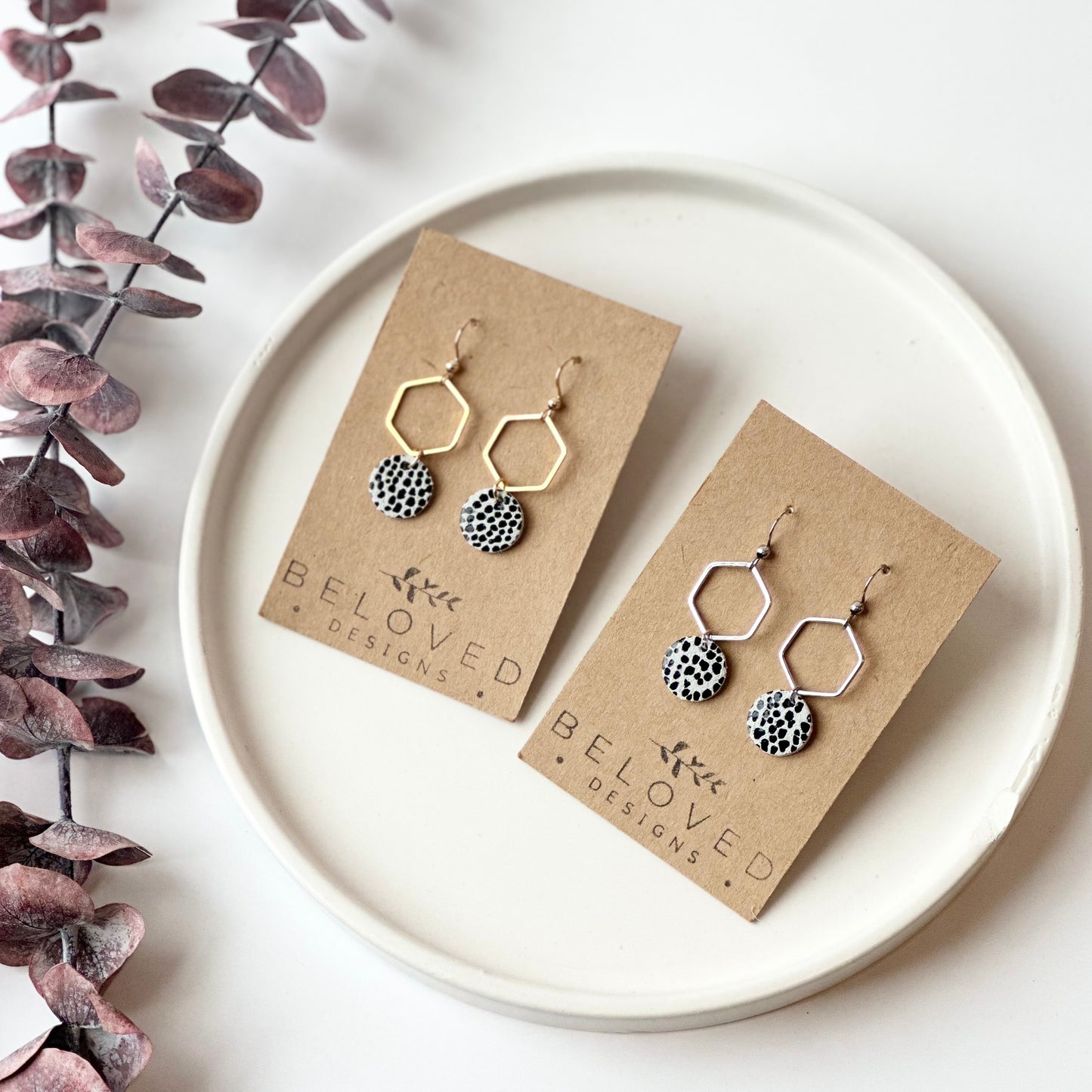 Mini Dalmatian Leather + Hexagon Earrings