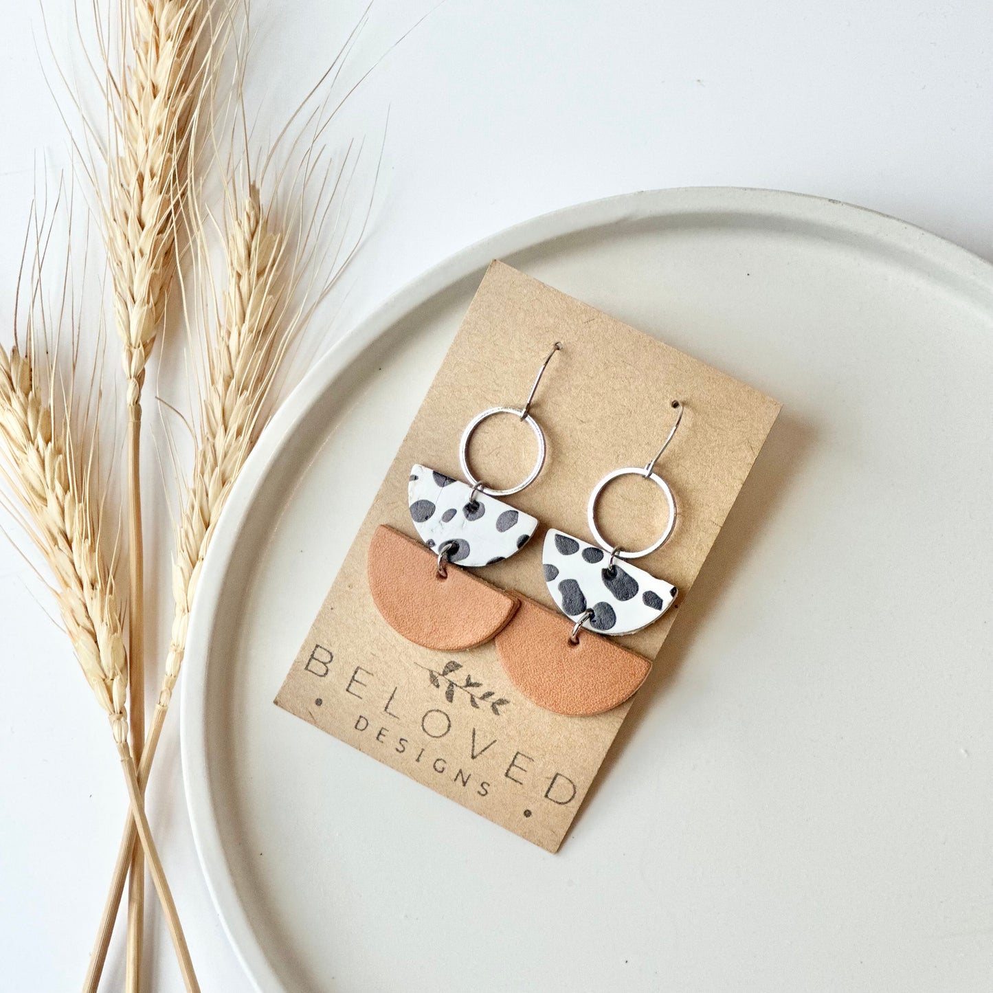 Dalmatian + Natural Leather Half Circle + Hoop Earrings