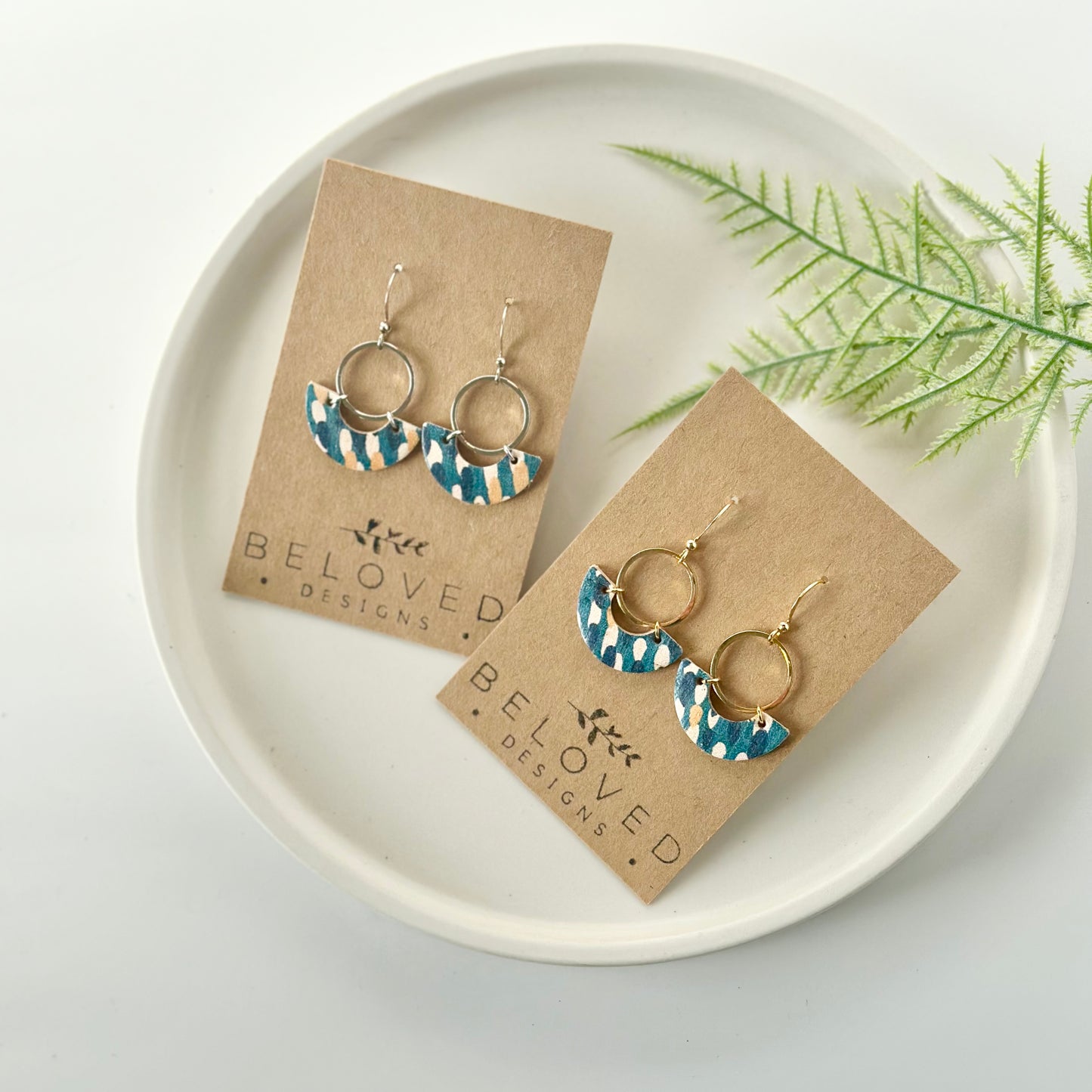 Abstract Teal Cork Leather Crescent + Hoop Earrings