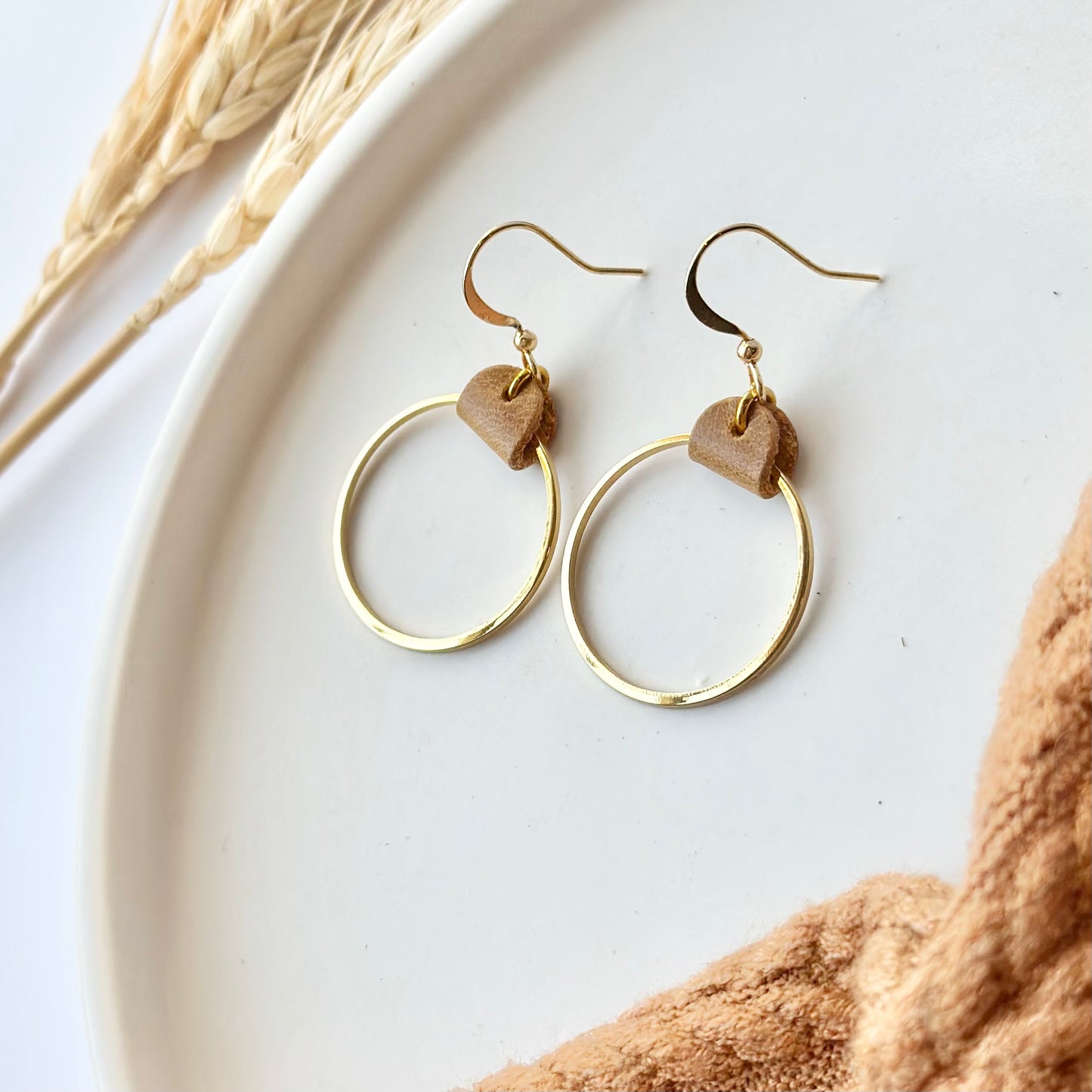 Camel Leather + Gold Hoop Earrings