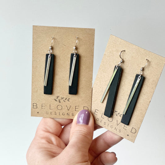 Black Leather Bar + Rhodium Bar Earrings