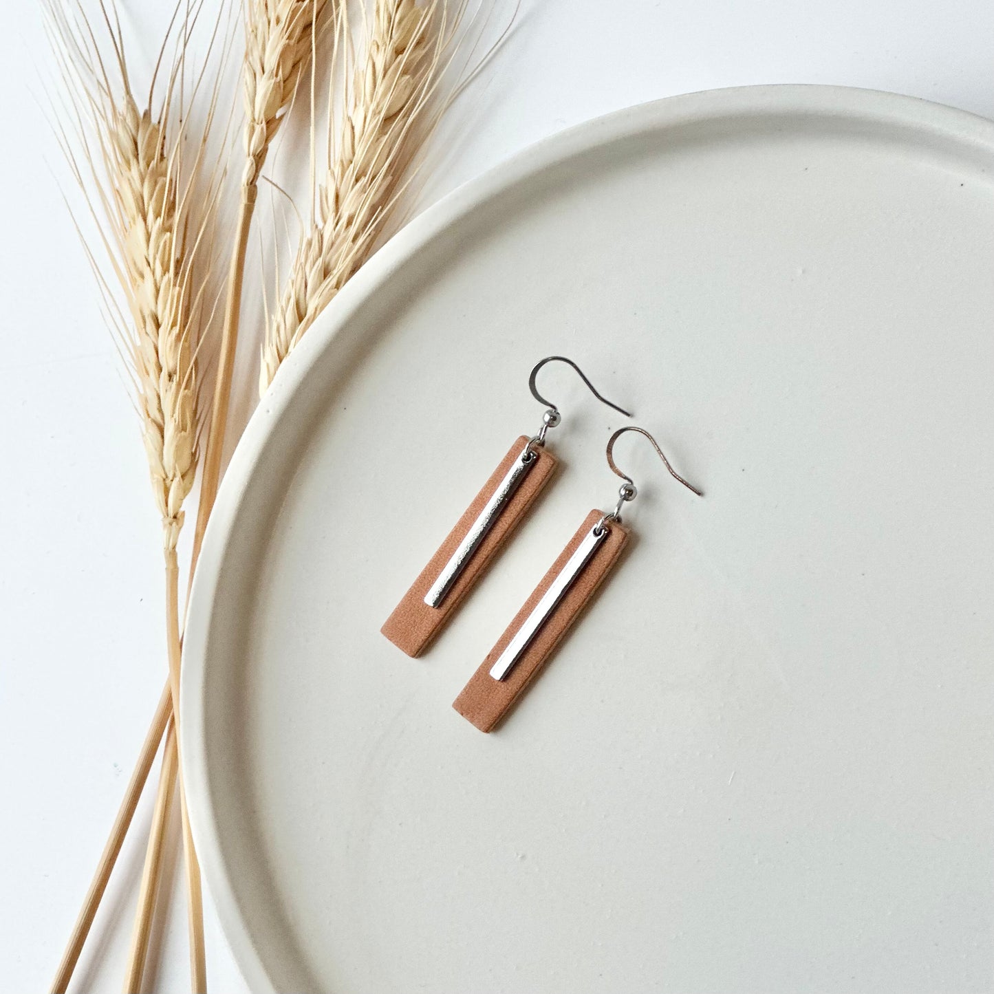 Natural Leather Bar + Rhodium Bar Earrings