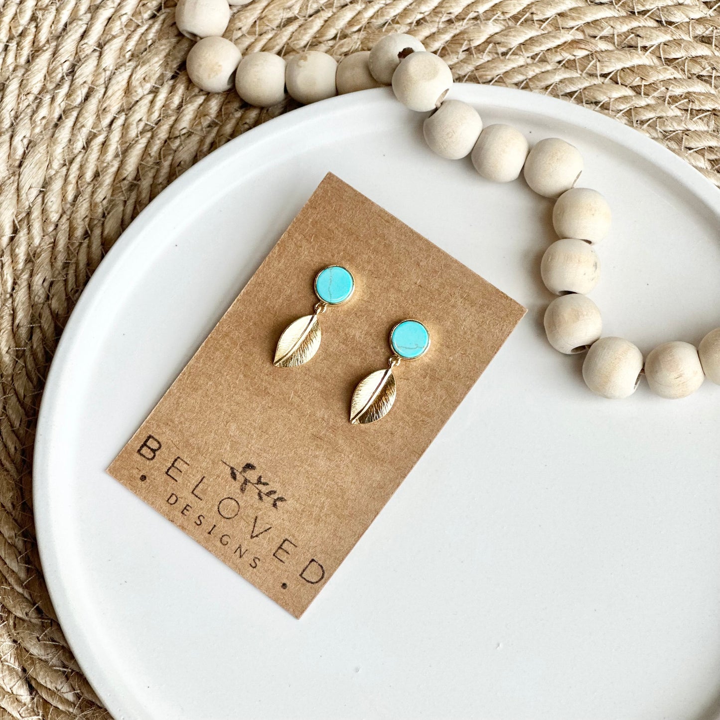 Turquoise Howlite Stud + Gold Leaf Earrings