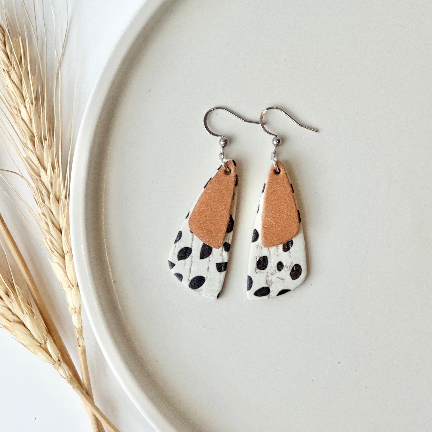 Dalmatian Cork + Natural Leather Drop Leaf Earrings