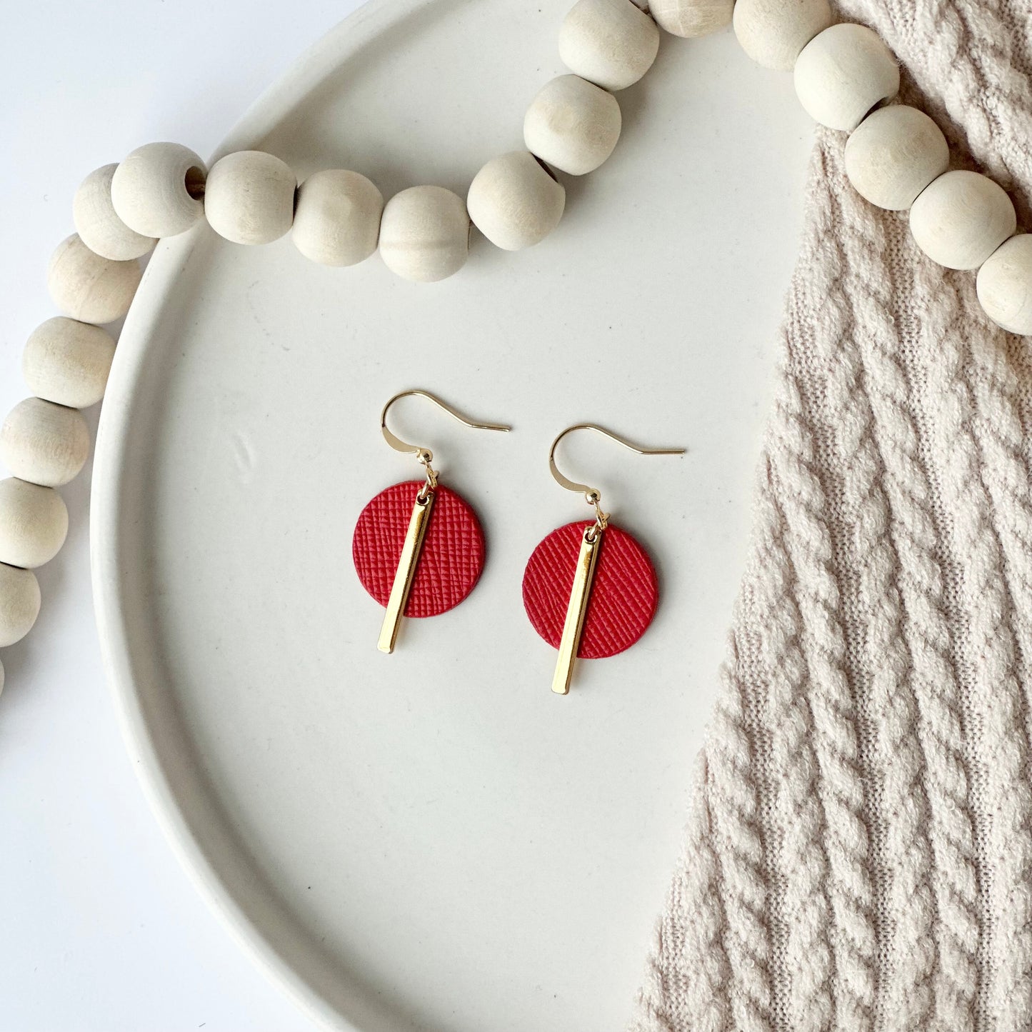 Cherry Red Textured Leather Circle + Bar Earrings