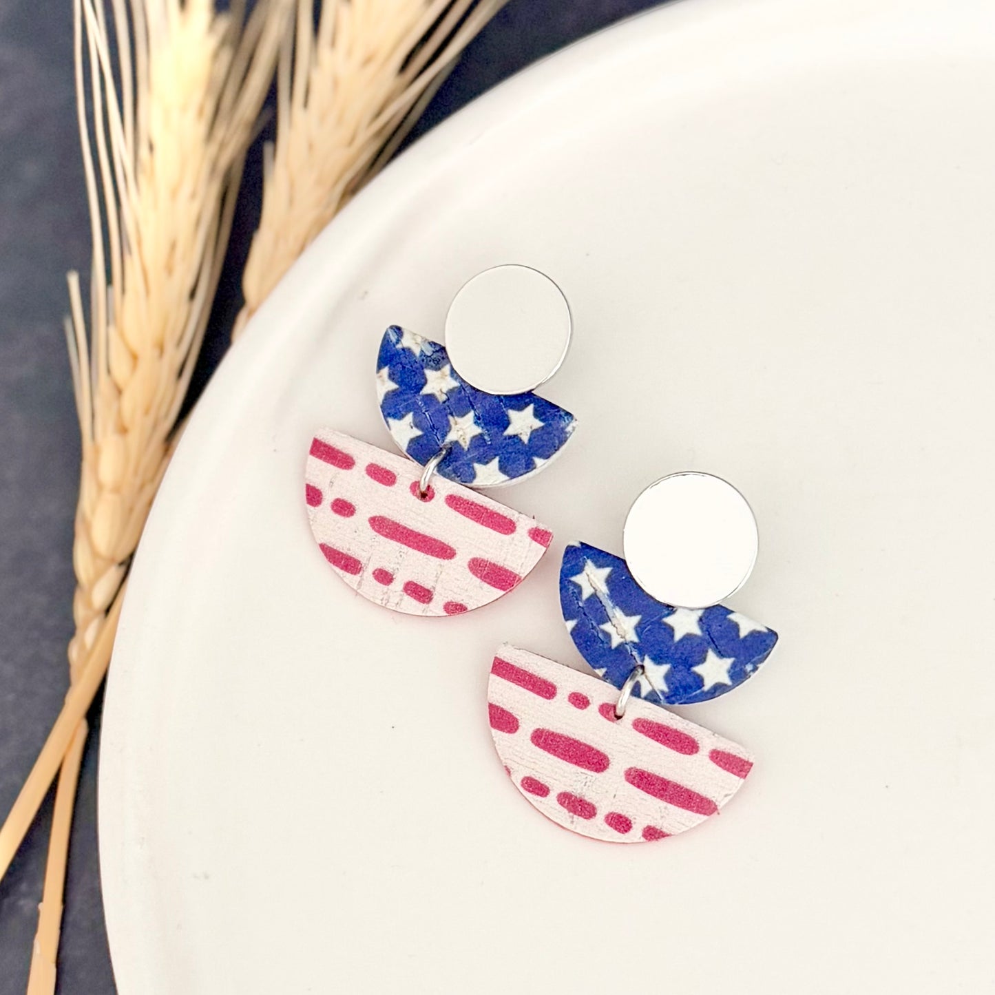 Cork Leather Double Half Circle Earrings | Stars + Dotted Stripes