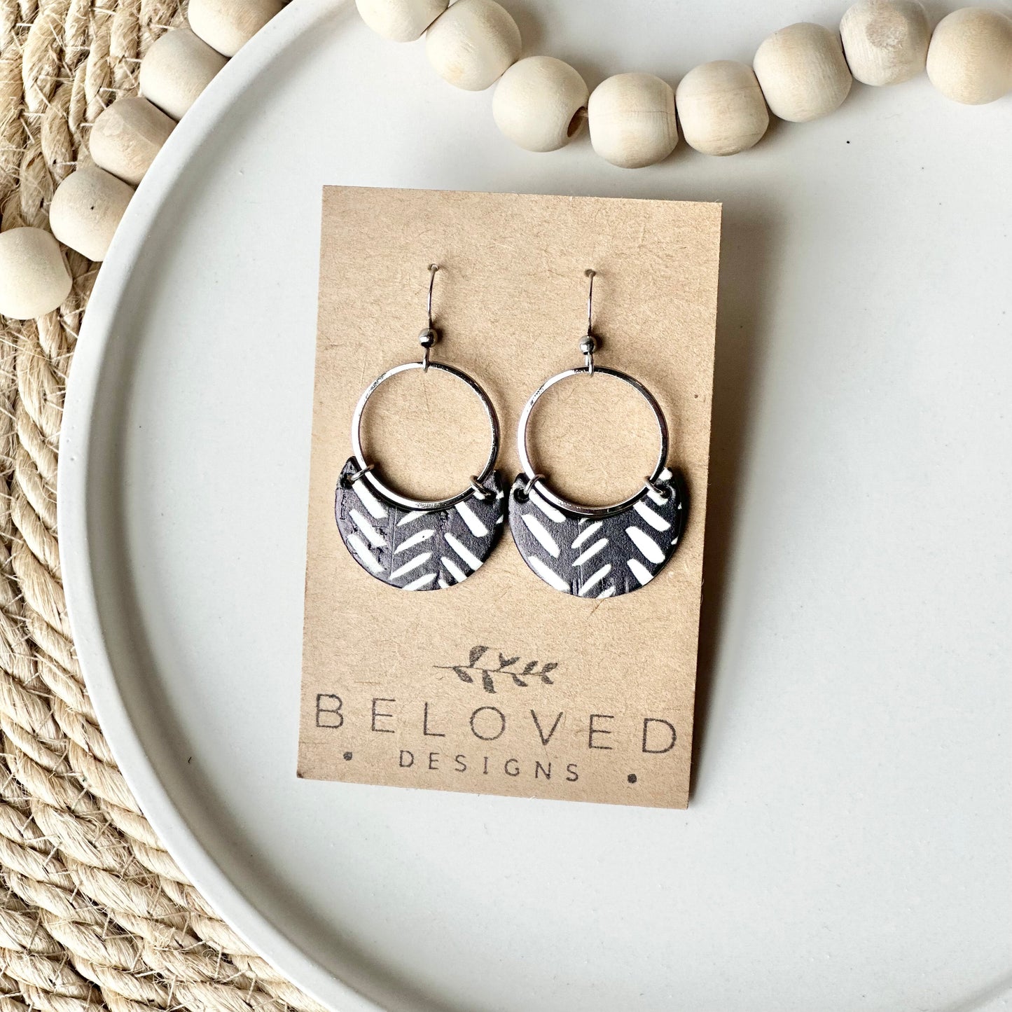 Black and White Chevron Cork Leather Crescent + Hoop Earrings