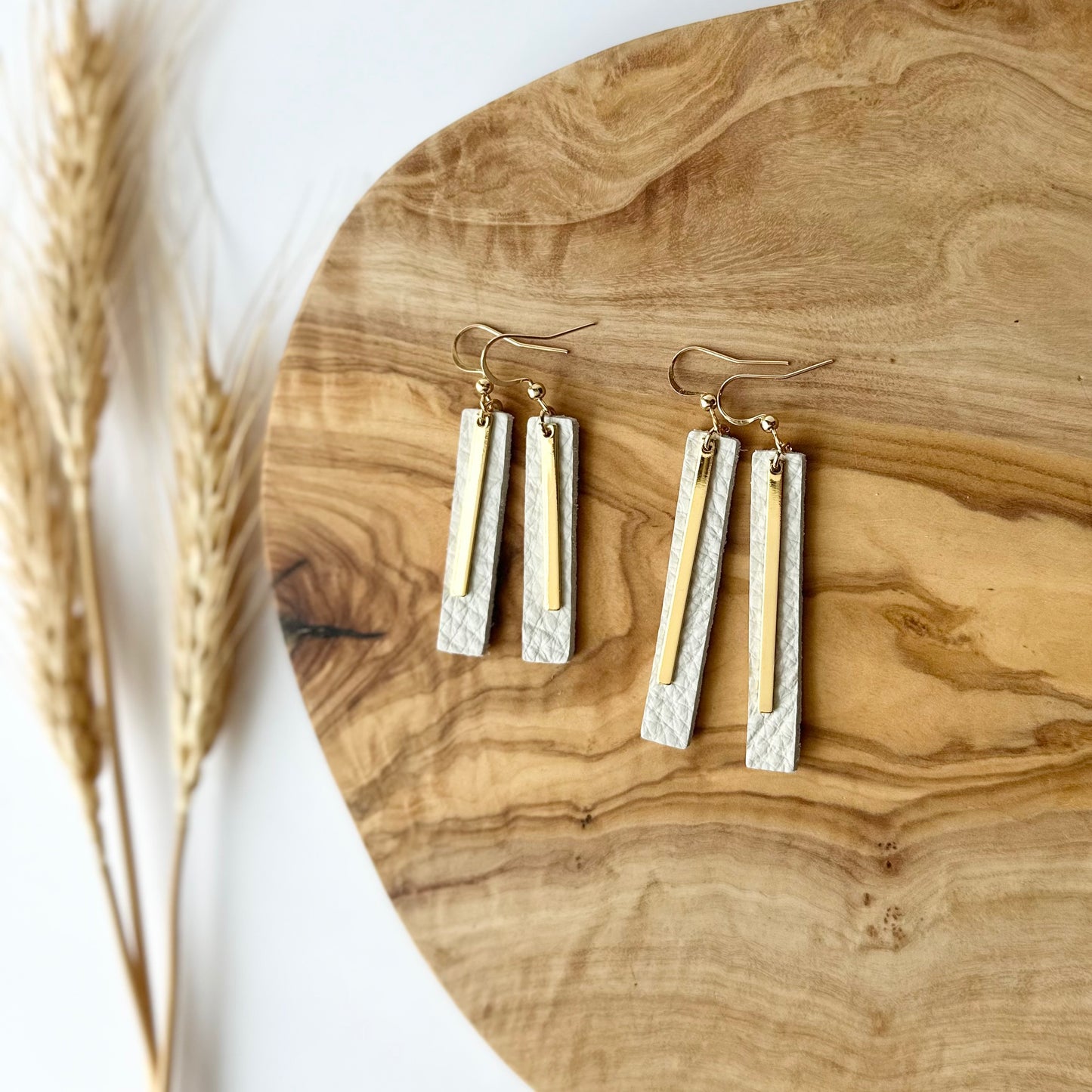 Cream Leather Bar + Gold Bar Earrings