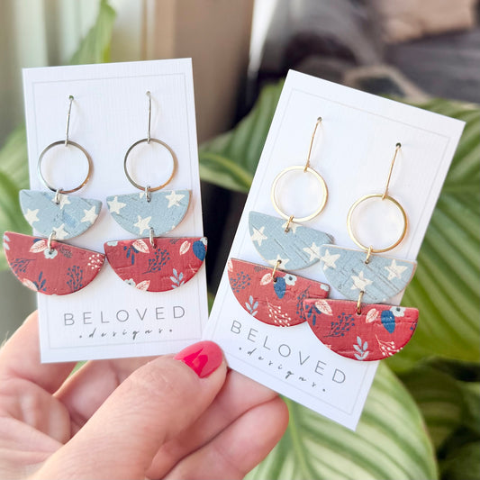 Cork Leather Double Half Circle + Hoop Earrings | Pale Blue Stars + Red Flowers