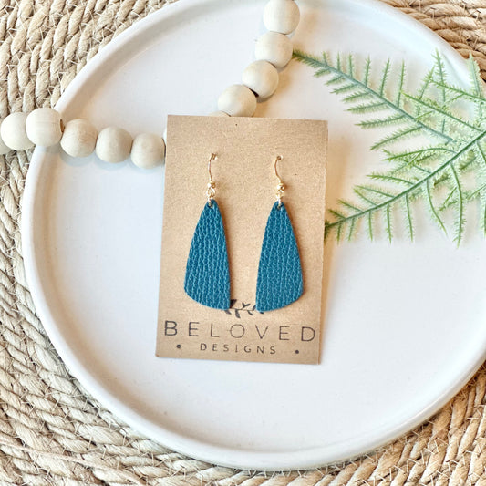 Pebbled Teal Leather Drop Leaf Earrings