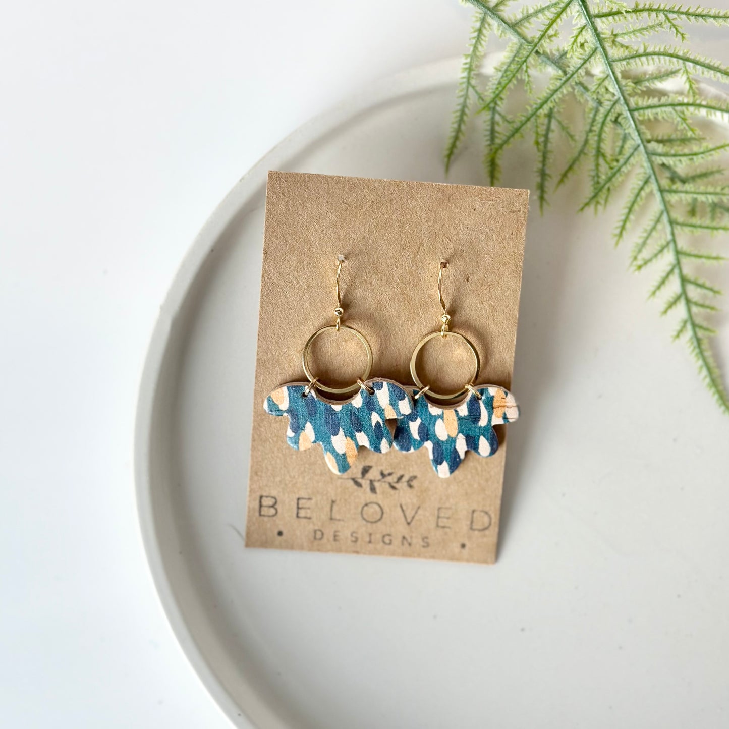 Abstract Teal Cork Leather Flower + Hoop Earrings