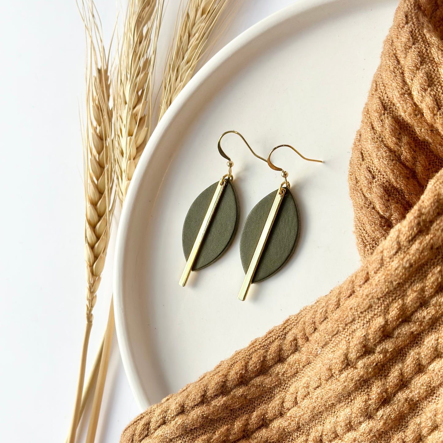 Olive Leather Leaf + Gold Bar Earrings