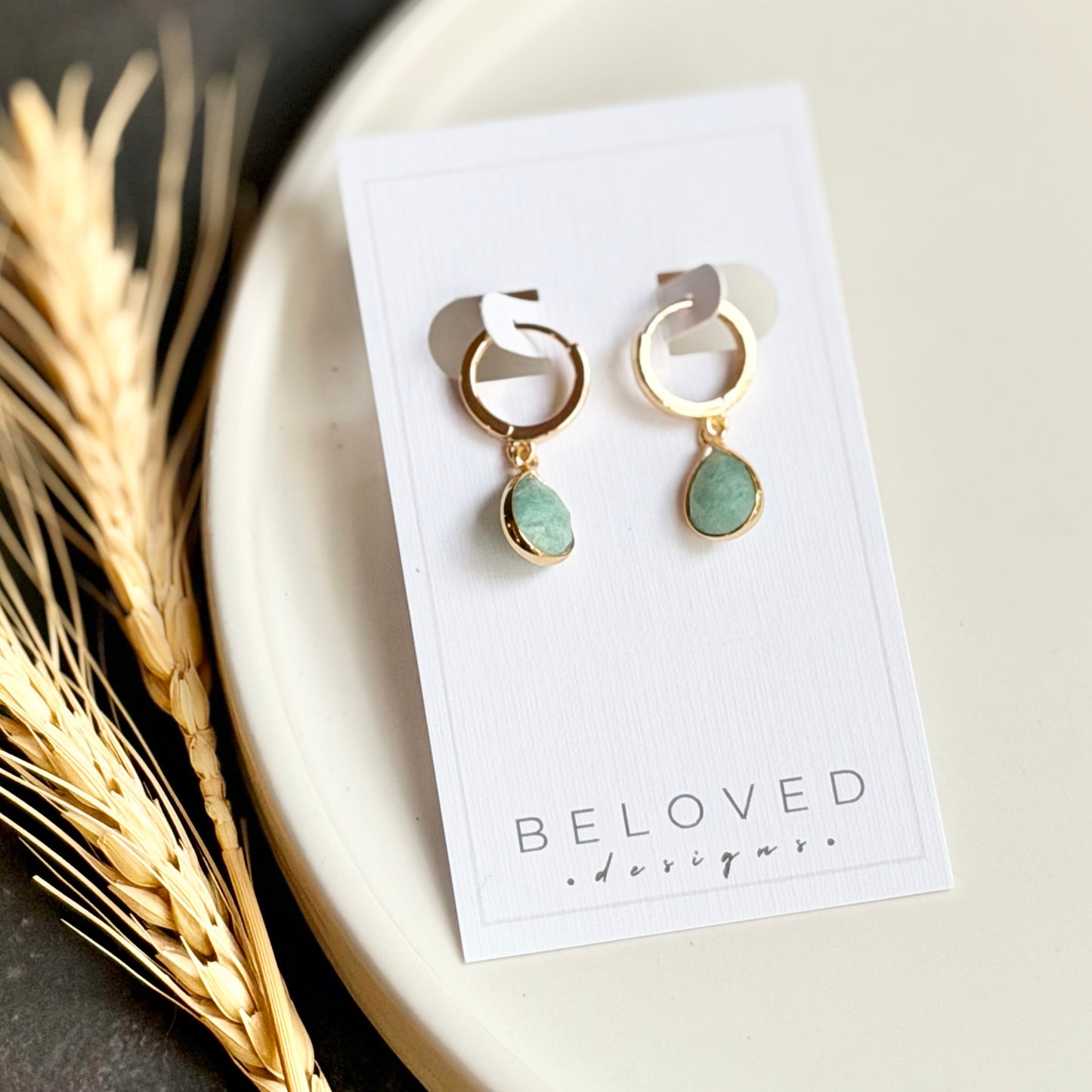 Gold Huggie + Opaque Mint Teardrop Earrings