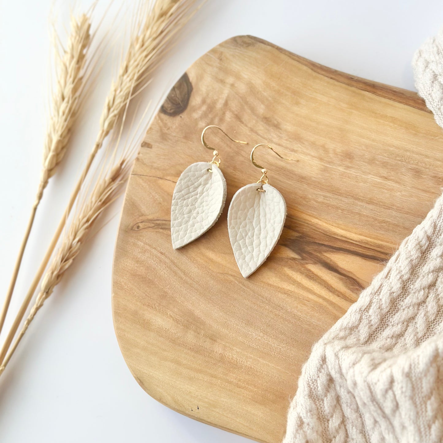 Almond Leather Folded Leaf Earrings - Small