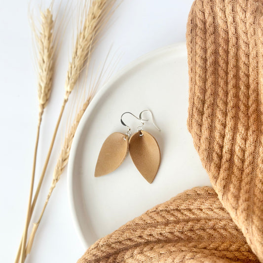 Camel Leather Folded Leaf Earrings - Small