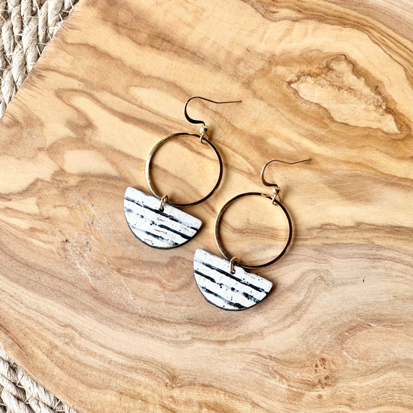 Black and White Cork Leather Half Circle + Hoop Earrings