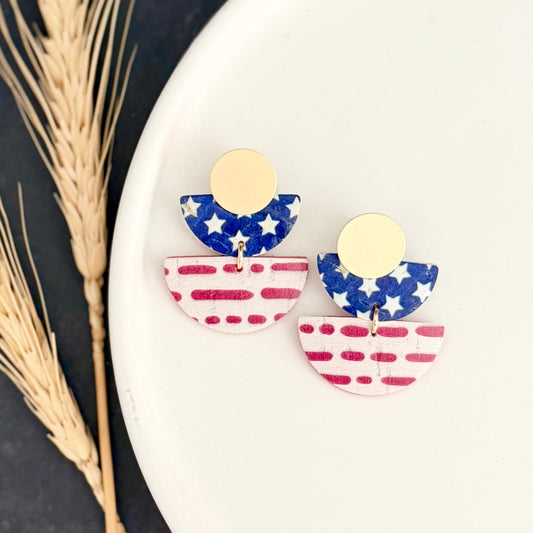 Cork Leather Double Half Circle Earrings | Stars + Dotted Stripes