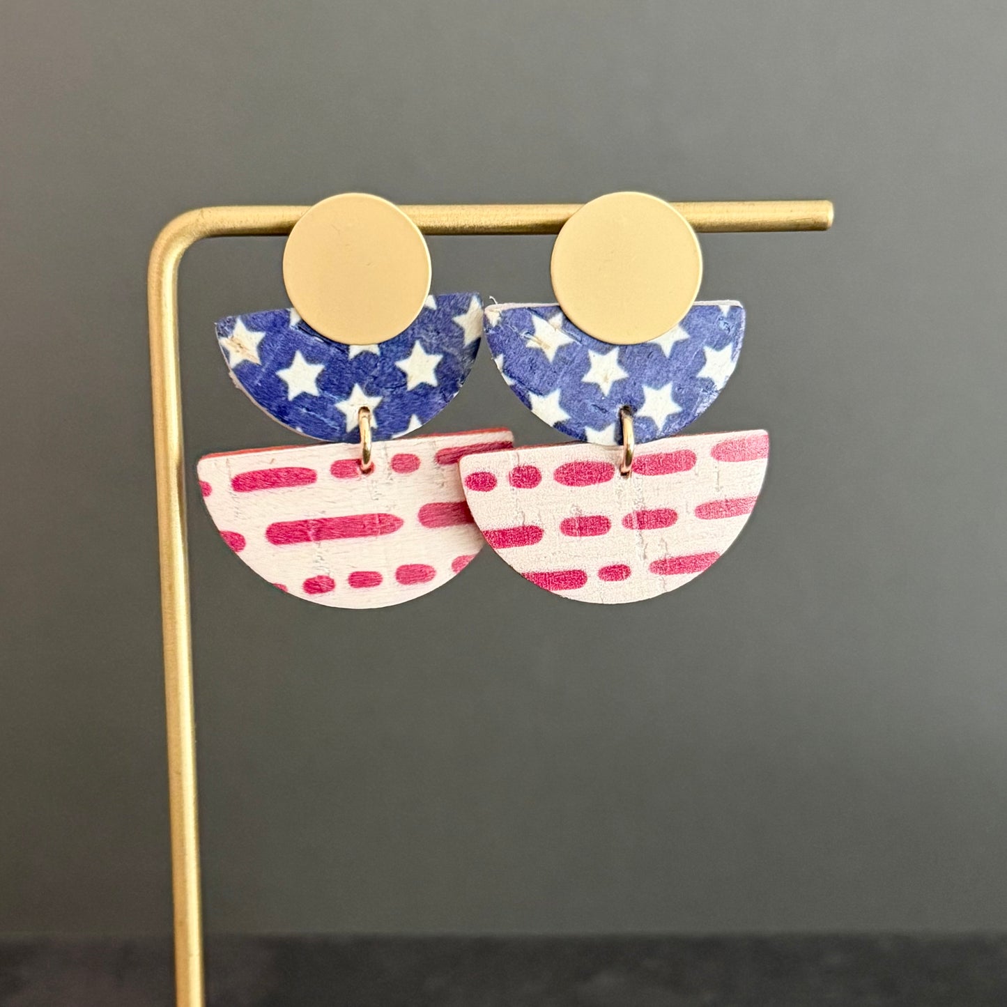 Cork Leather Double Half Circle Earrings | Stars + Dotted Stripes