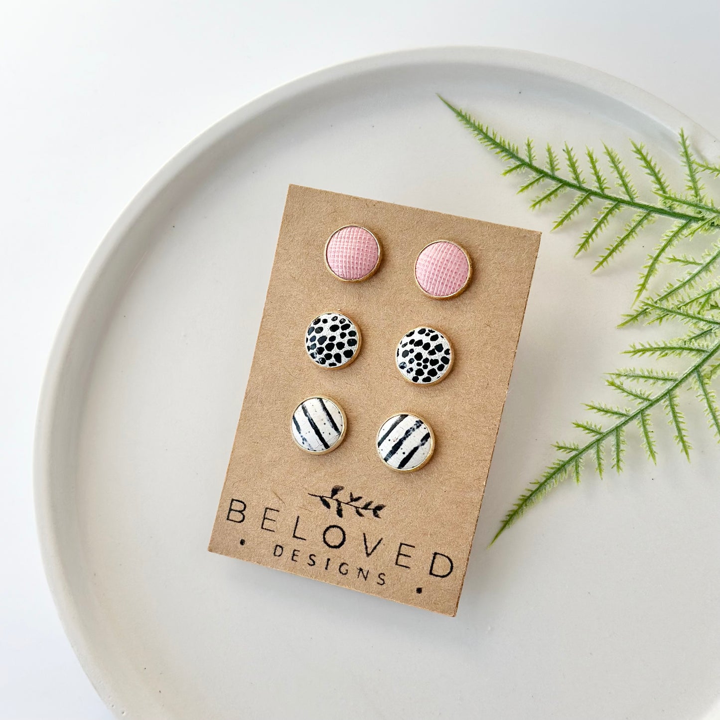 Trio Leather Stud Set - B + W Stripe | Mini Dalmatian | Blush Pink