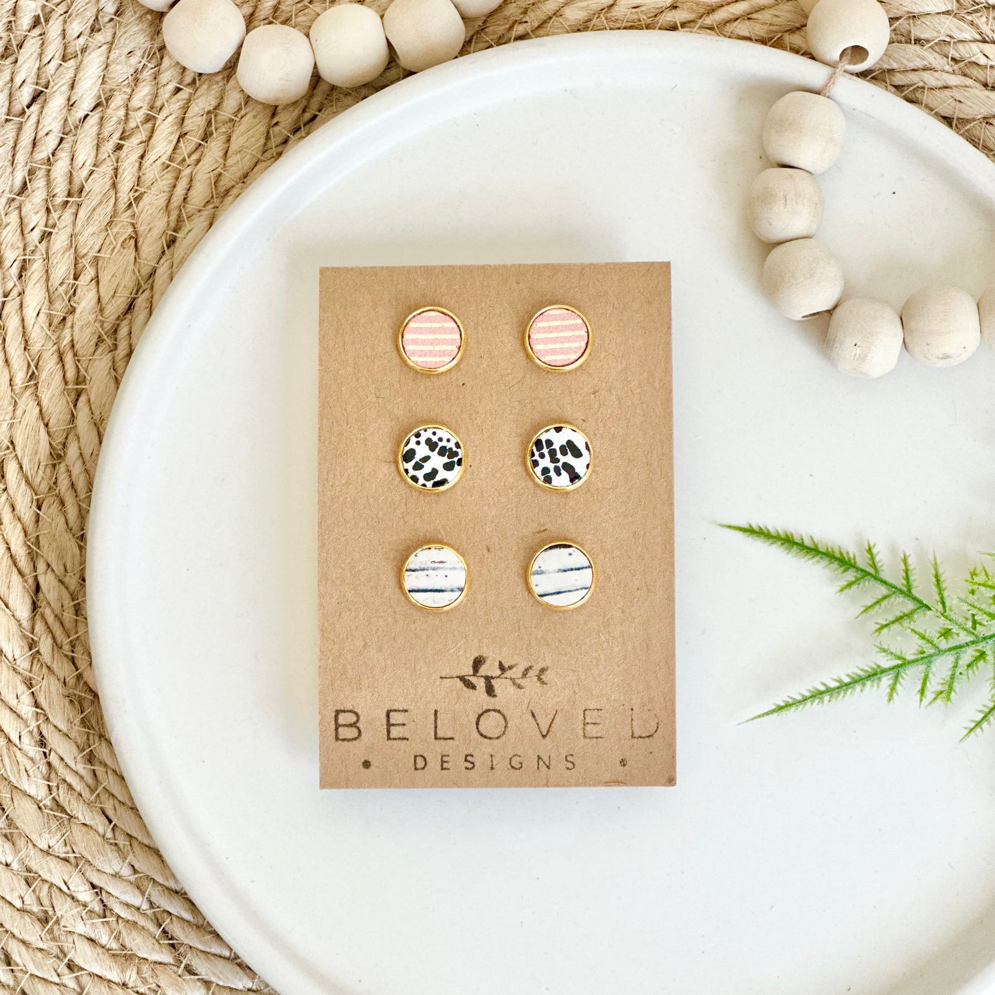 Trio Leather Stud Set - B + W Stripe | Mini Dalmatian | Blush Pink + Gold Stripe