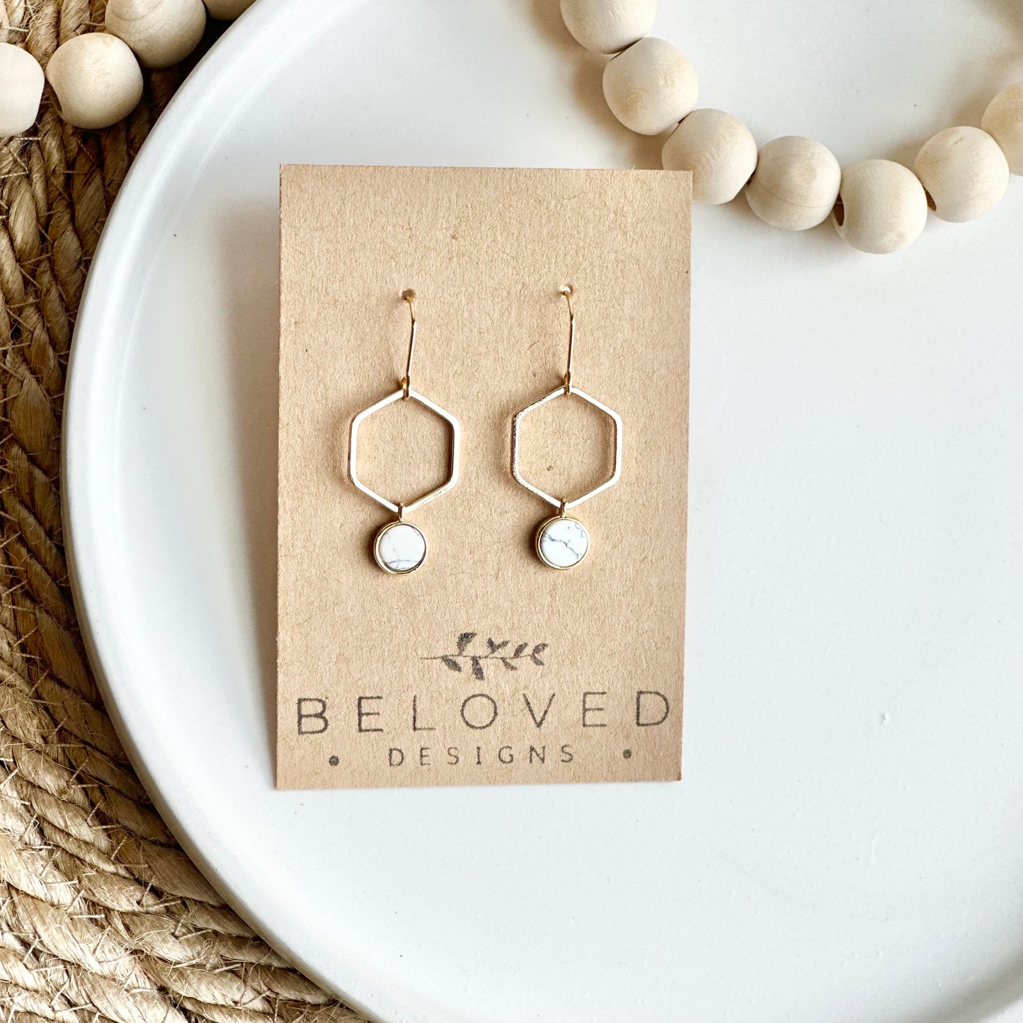 Gold Hexagon + Howlite Earrings