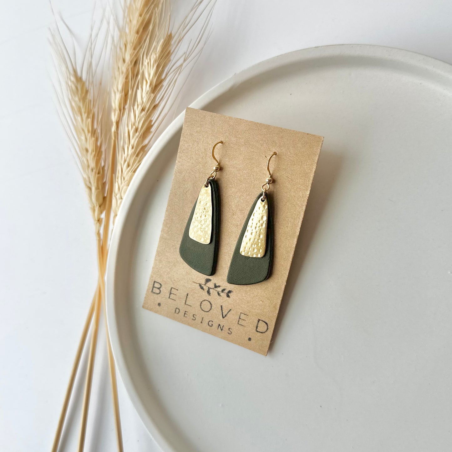 Olive Leather Drop Leaf + Hammered Brass Earrings