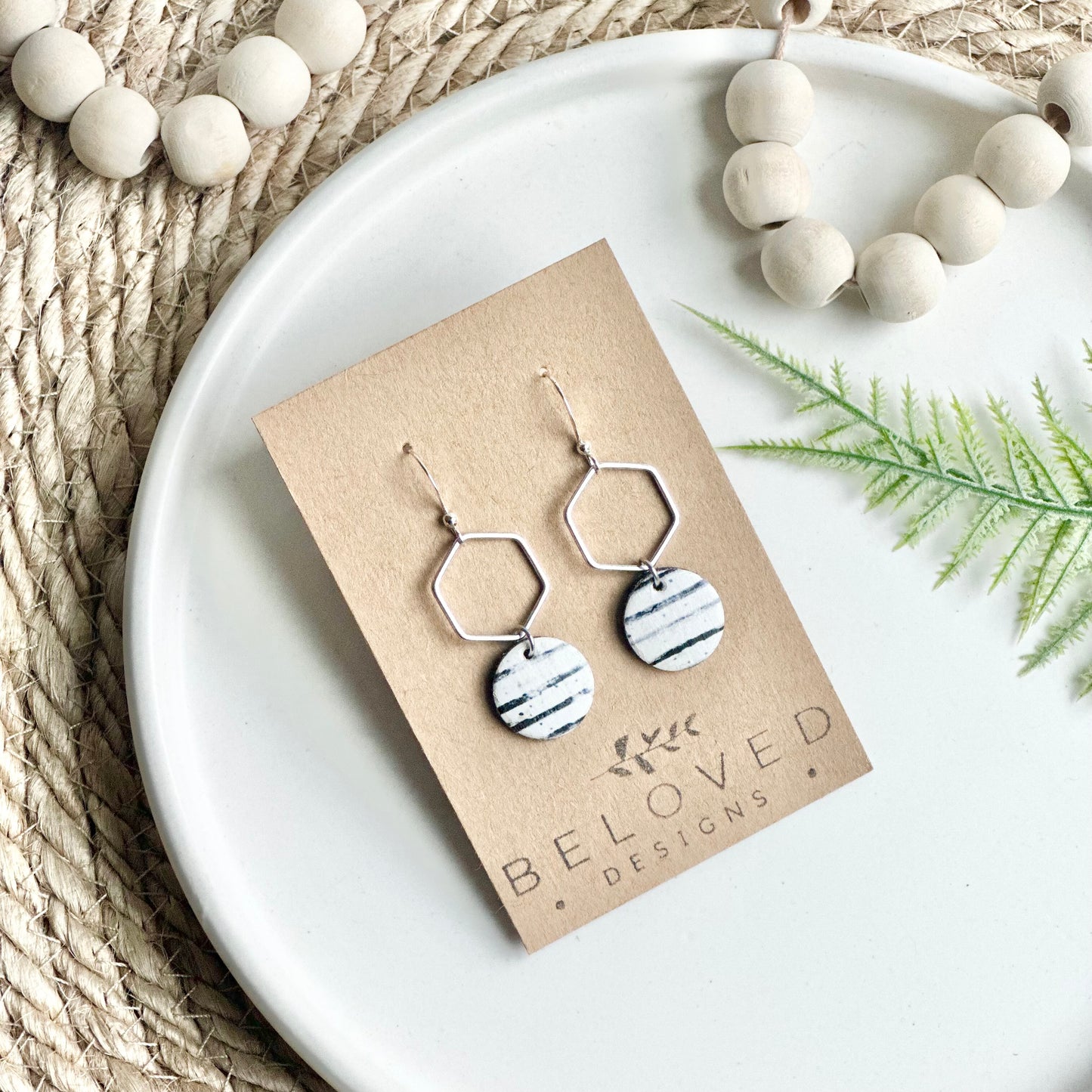 Black and White Stripe Cork Leather + Hexagon Earrings