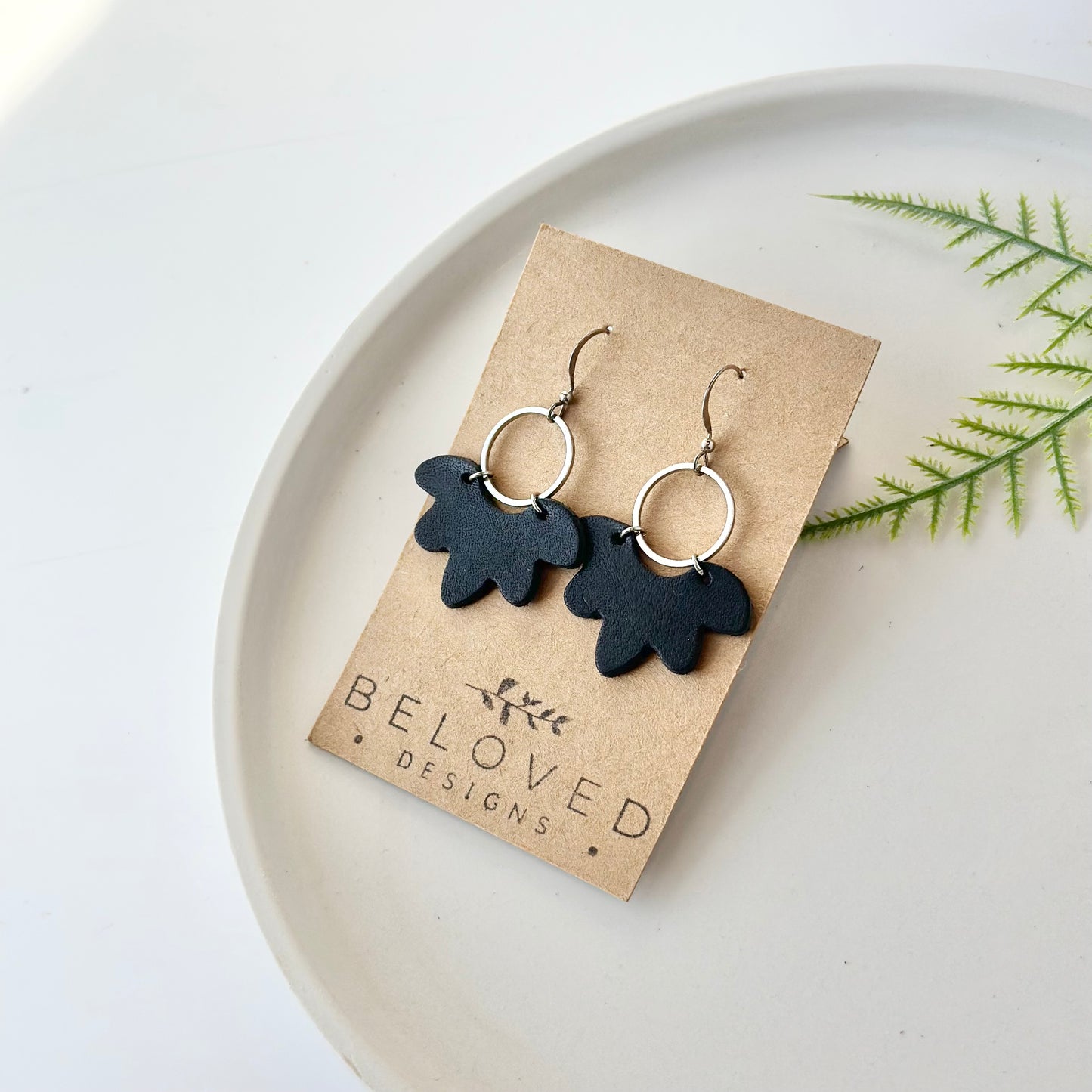 Black Leather Flower + Hoop Earrings